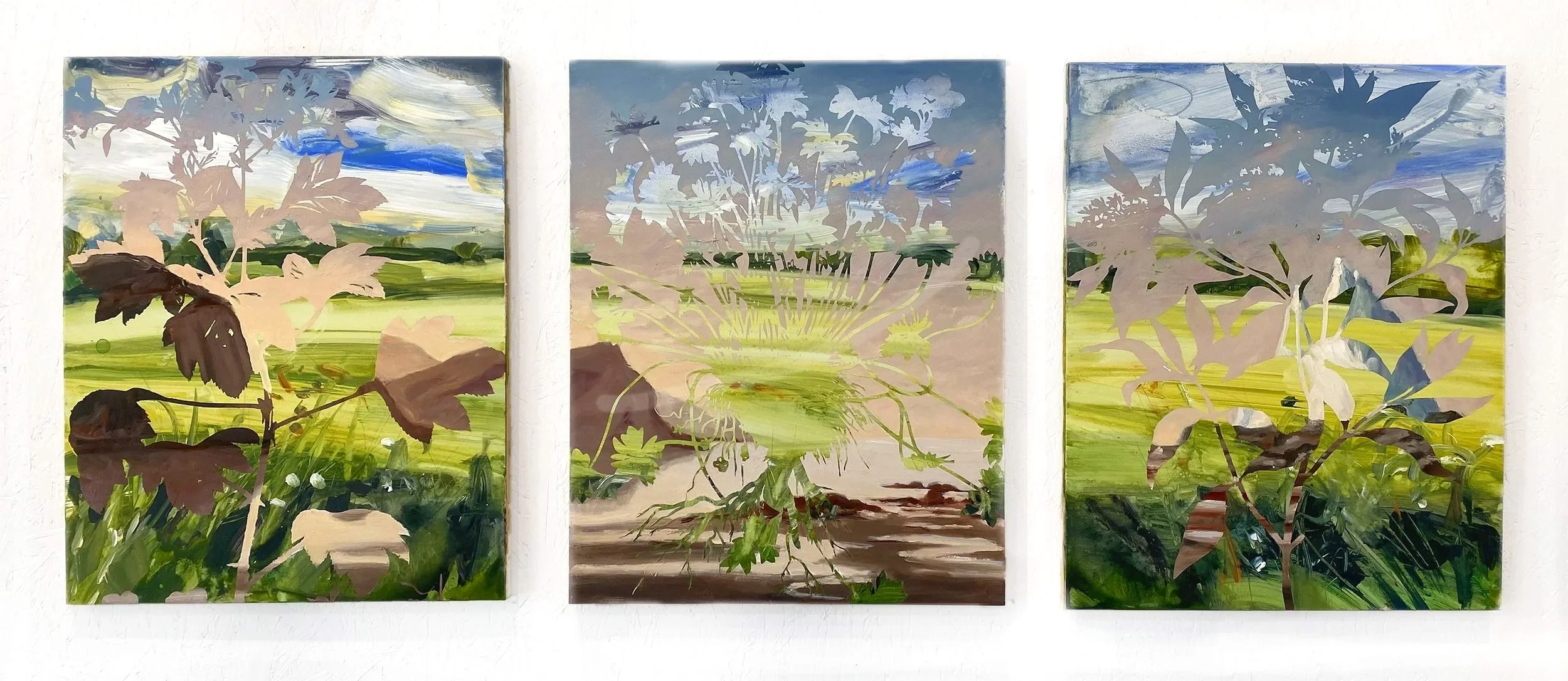 Three abstract landscape paintings depicting fields, plants, and sky, arranged side by side on a wall.