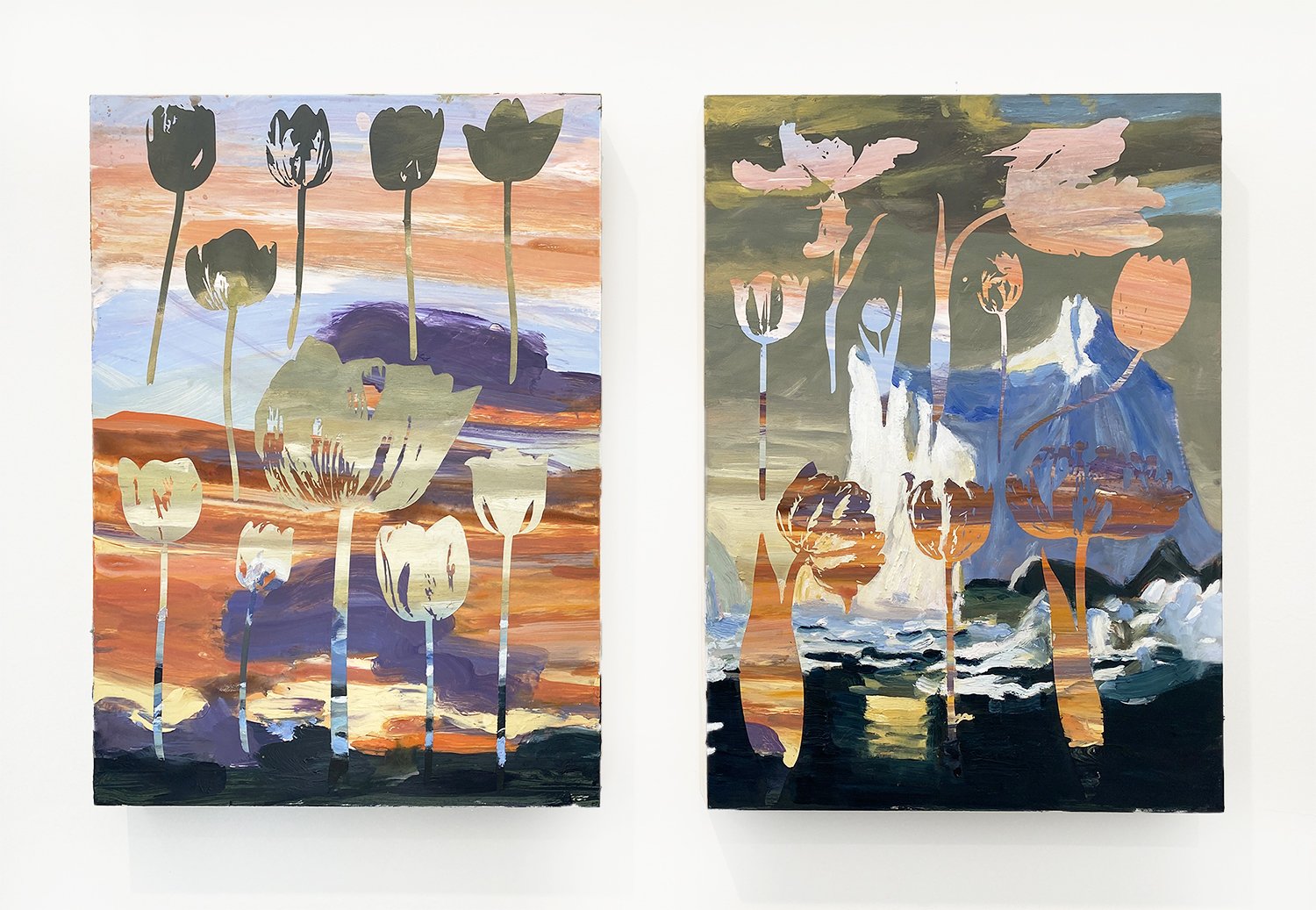 Two abstract paintings with floral silhouettes overlayed on colorful sunset backgrounds.