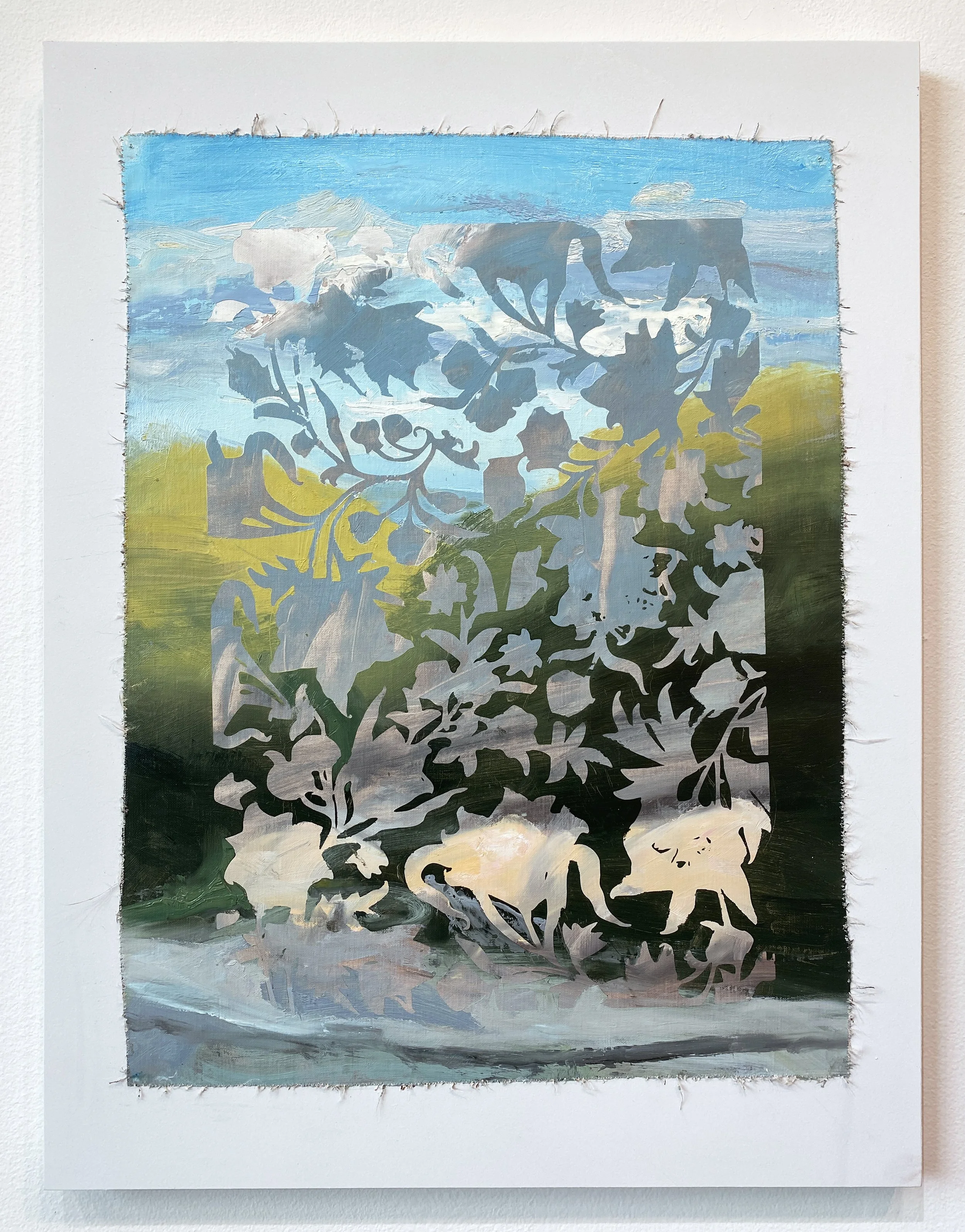 Painting of nature scene with trees, sky, and animals, with a cut-out stenciled outline.