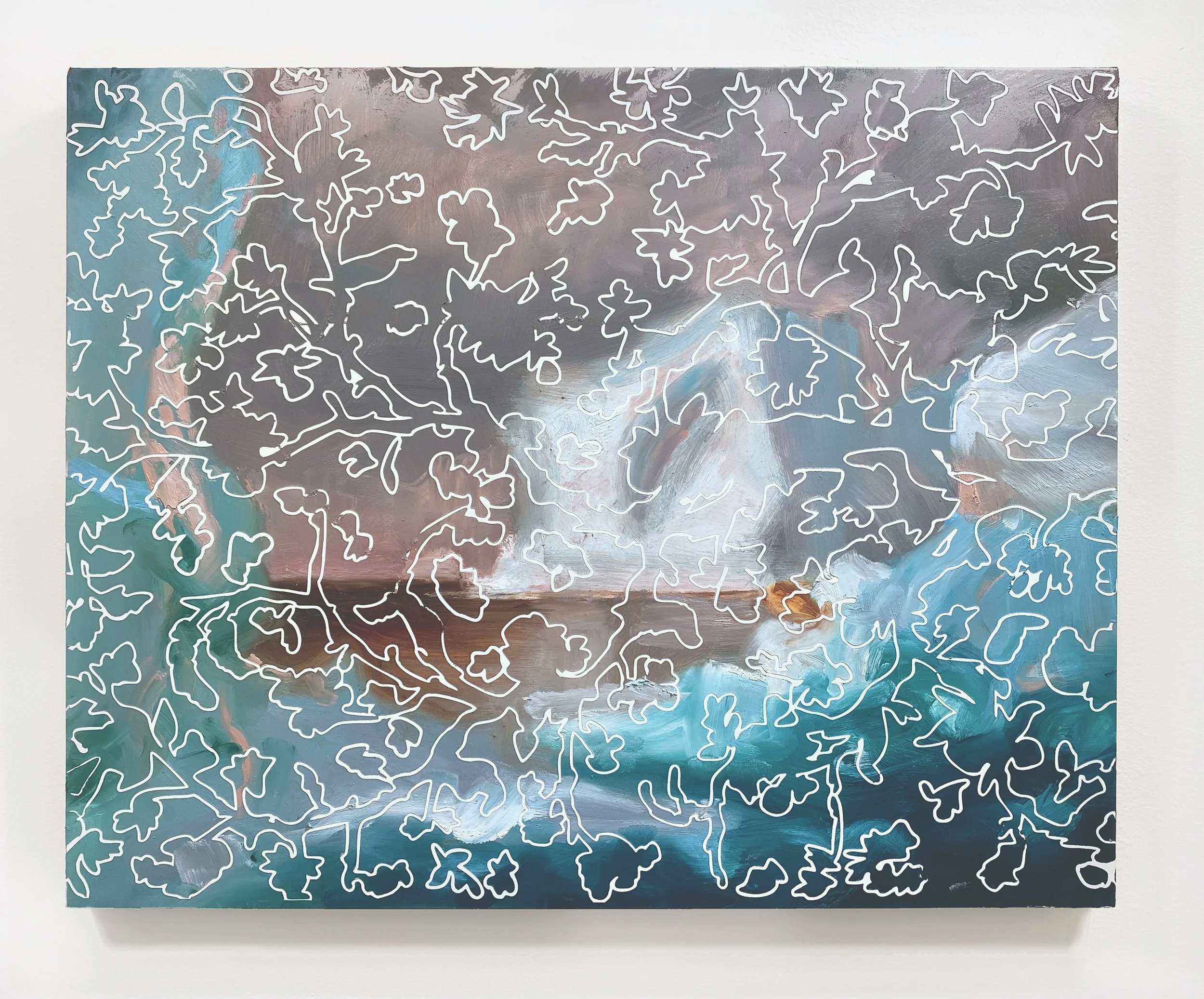 Abstract painting with swirling blue, gray, and brown colors overlaid with white line drawings of tree branches and leaves.