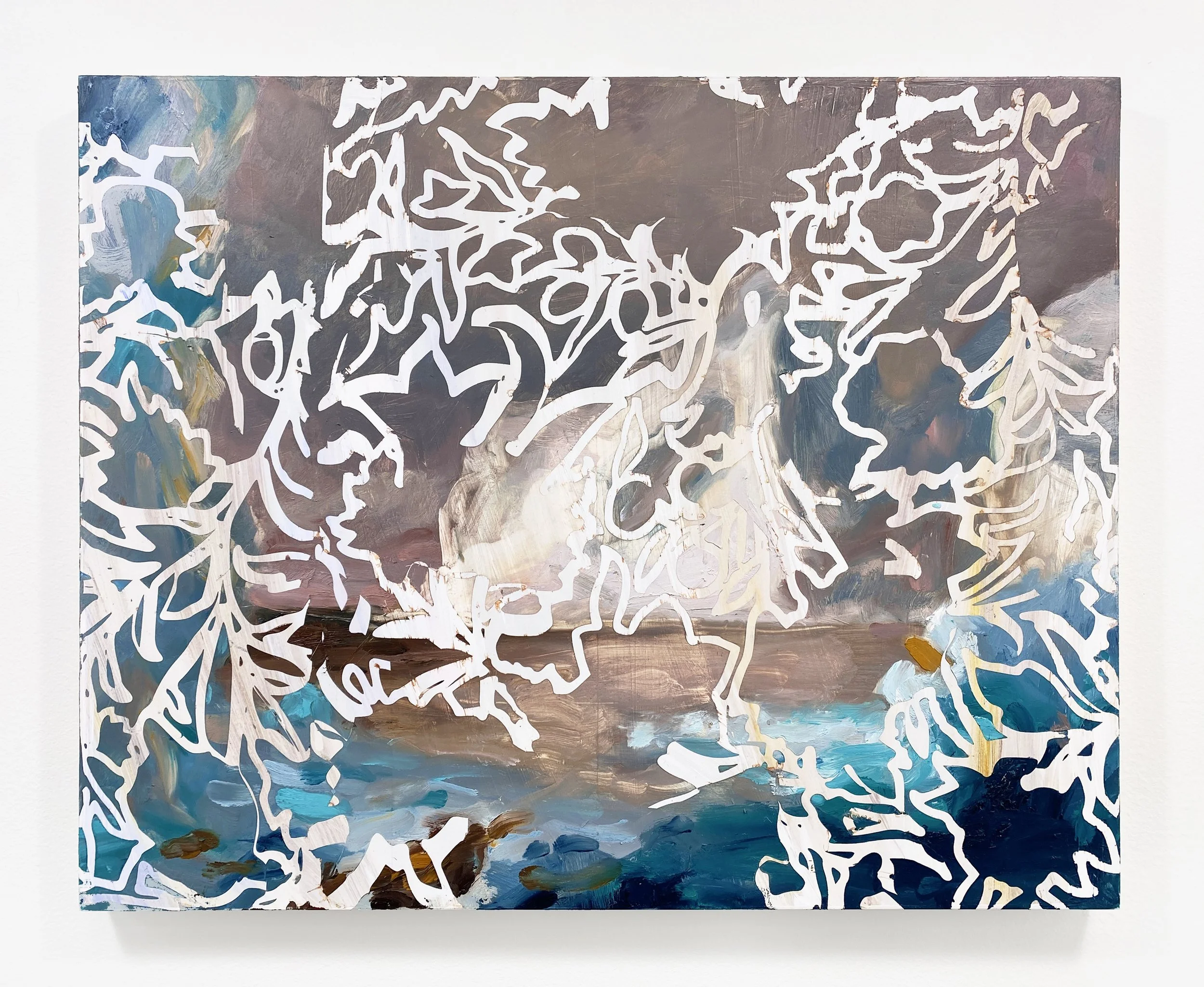 Abstract painting with dark, muted tones and blue accents, featuring white cutout leaf patterns overlaying the artwork.