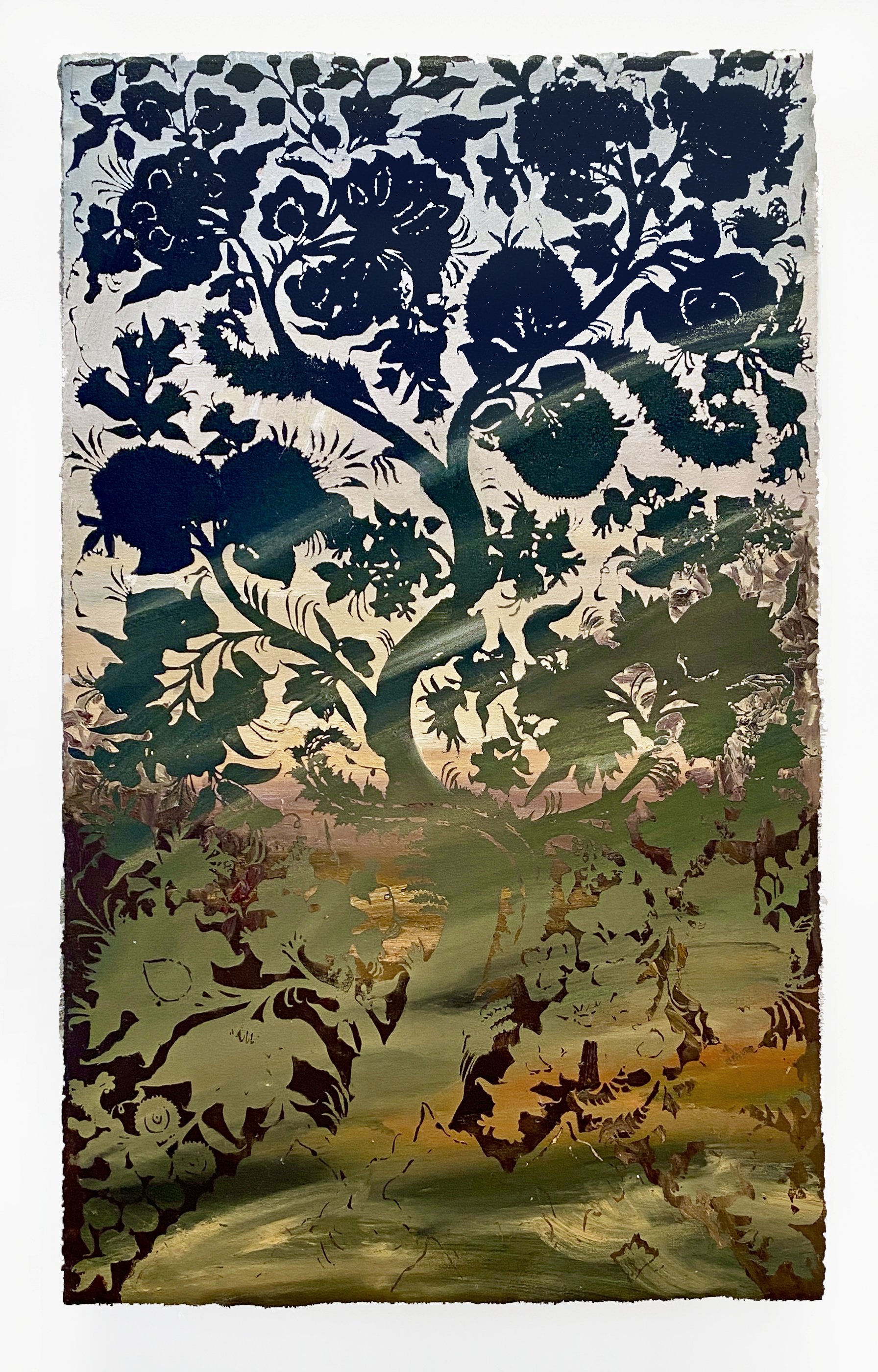 A black silhouette of a tree with detailed leaves and flowers is displayed against a colorful, painted background with shades of pink, orange, and green.