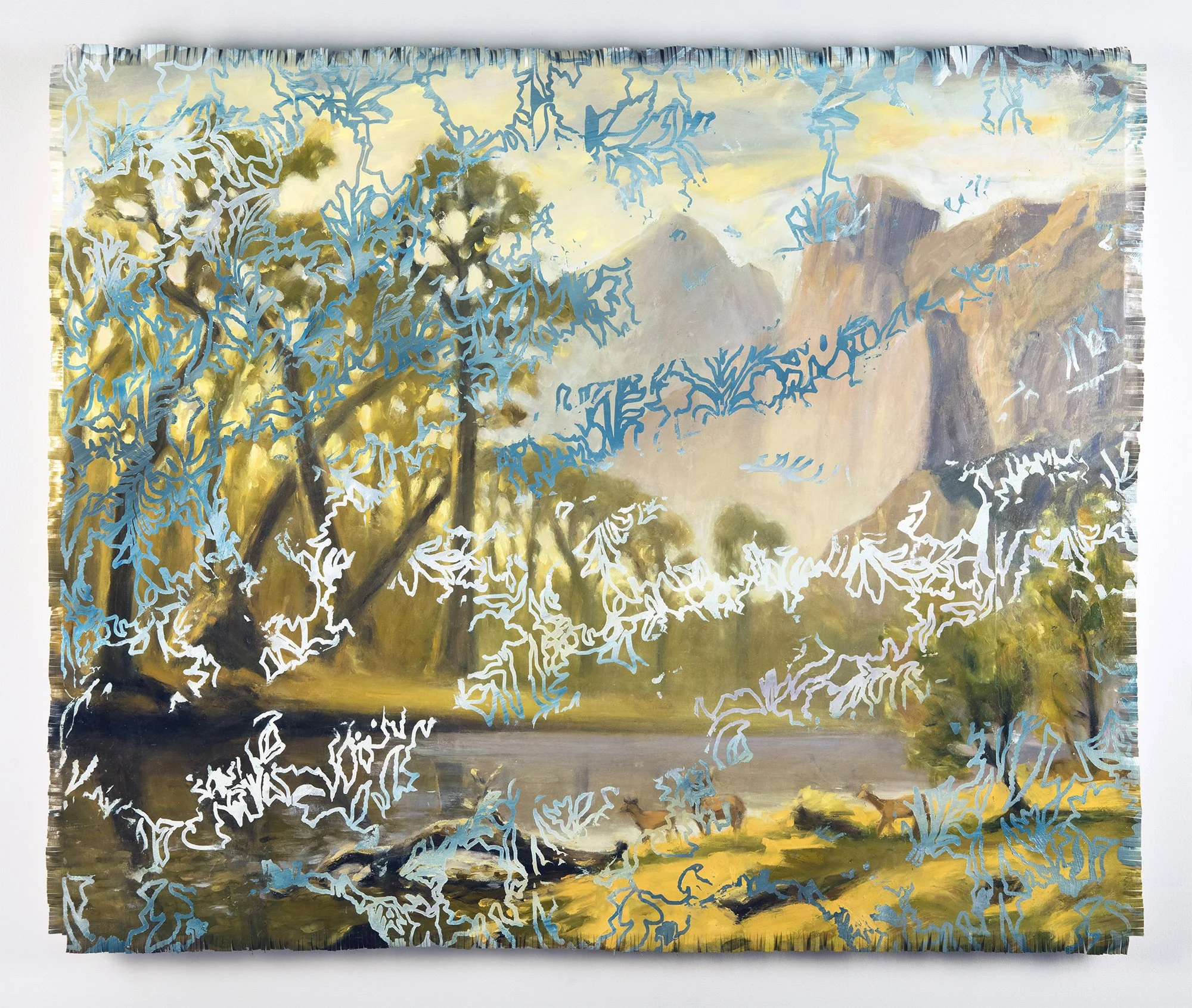 Painting of a landscape with trees, mountains, a body of water, and clouds, partially overlaid with a decorative pattern of blue and white abstract foliage