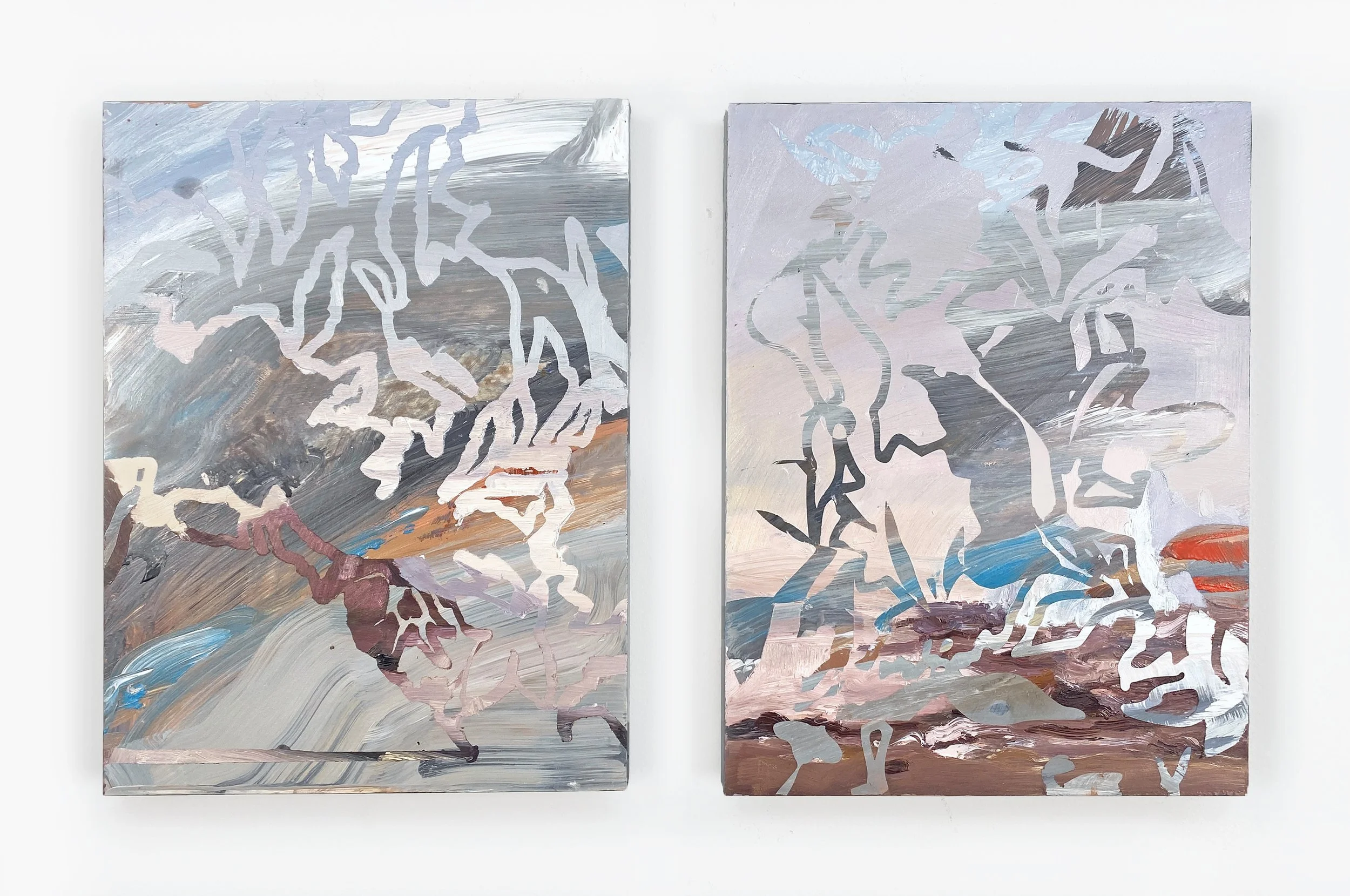 Two abstract paintings on a white wall featuring swirling brushstrokes and cut-out shapes with pastel colors and shades of gray, brown, and blue.