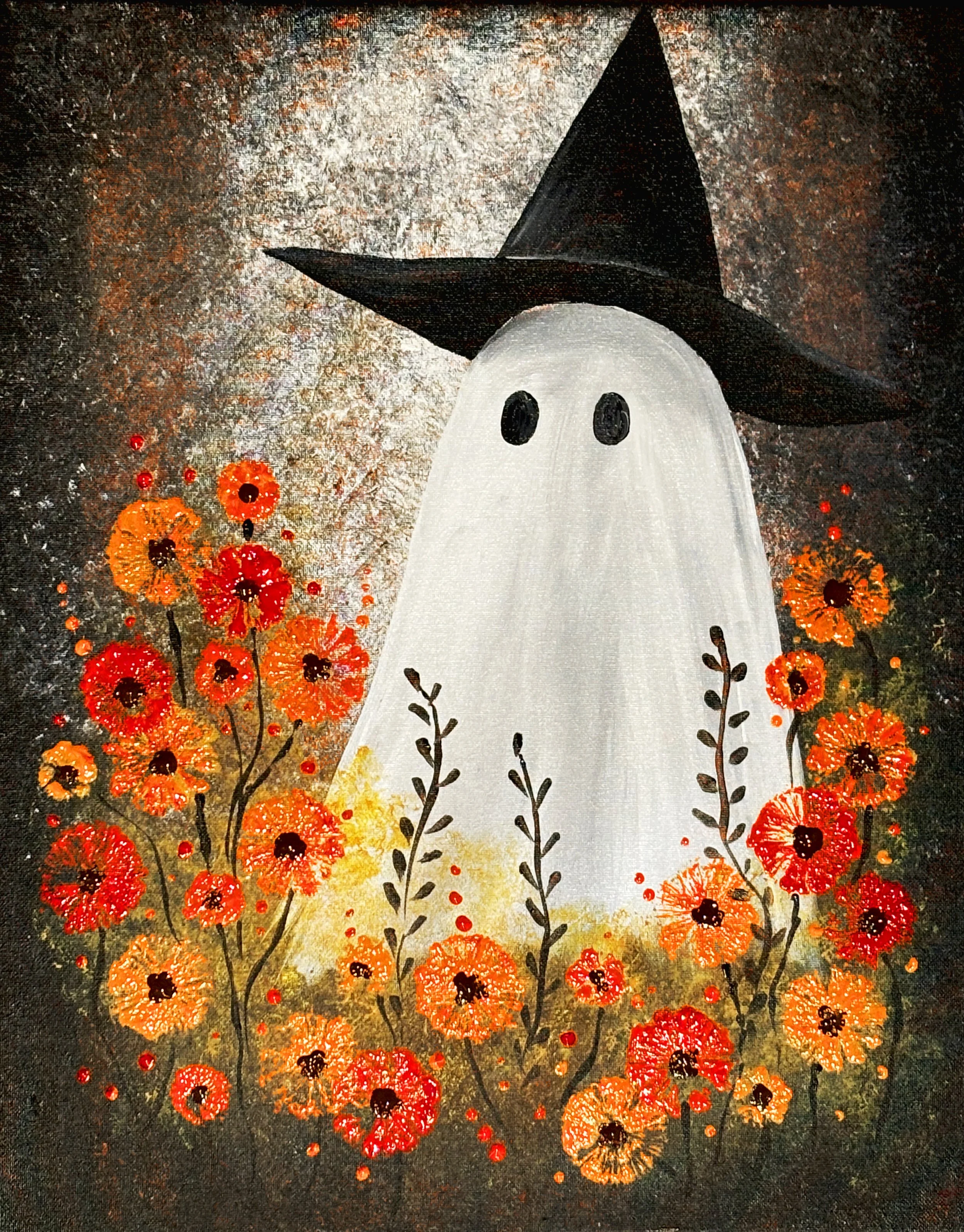 painting of a ghost with orange flowers and a witch's hat