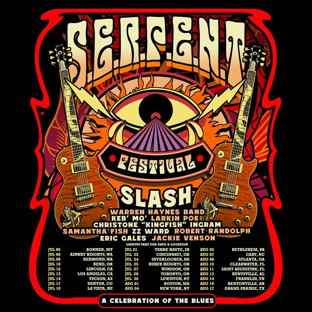 Dirty Shine Fam!! So excited to hit the road with @slash this summer 🎸🐍🔥 Tickets on sale now at www.SerpentFestival.com! Link in bio. #Slash #SerpentFestival #Blues

July 19 Le Vista, NE
July 21 Terre Haute, IN	
July 22 Cincinnati, OH
July 24 Inte
