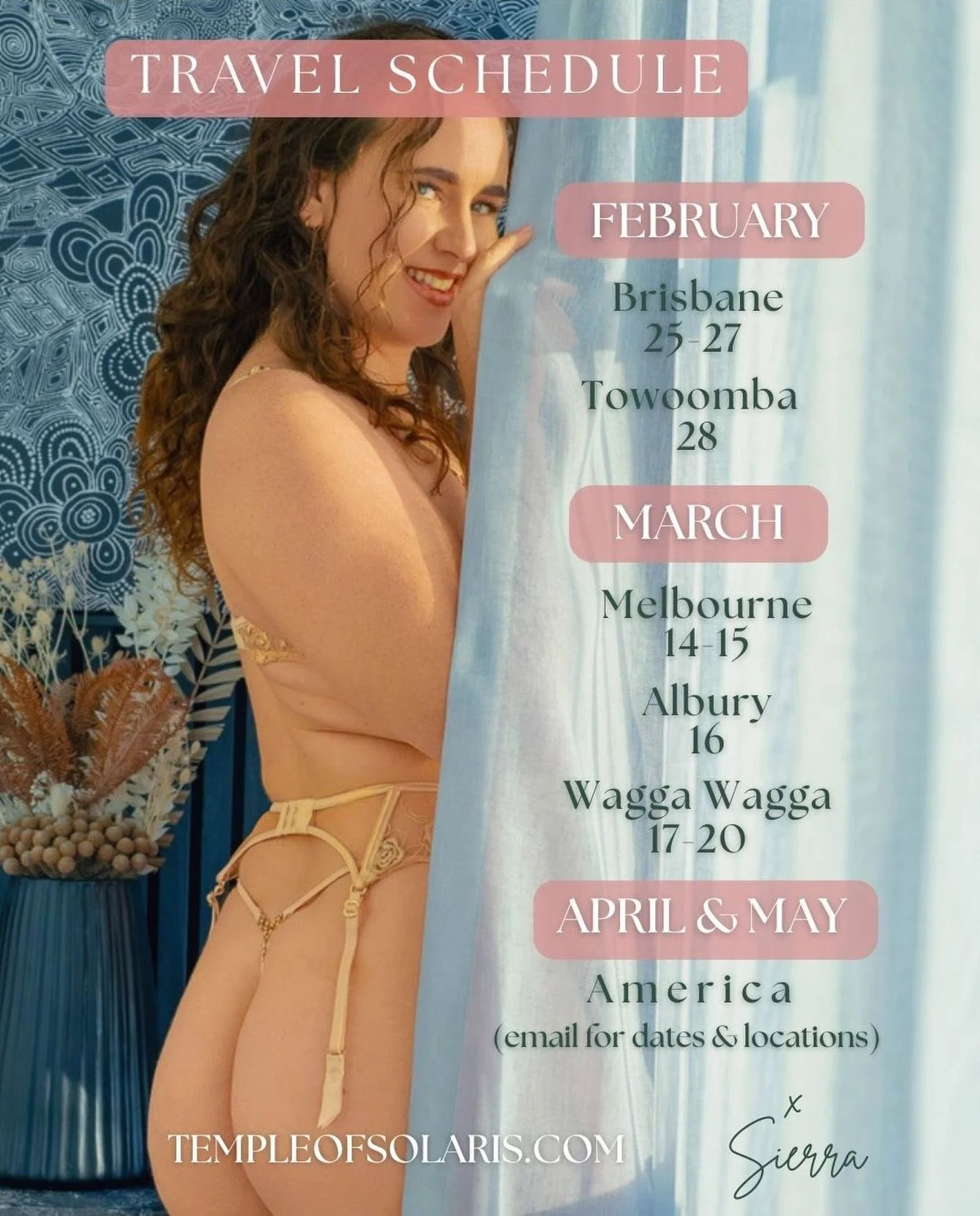 Alright lovers, after much deliberation I have made some changes to my travel schedule due to popular demand I am so excited to be headed back to a few of my favorite cities 

🚙Brisbane next week 
✈️ Melbs &bull; Albury &bull; Wagga in March 

Get i
