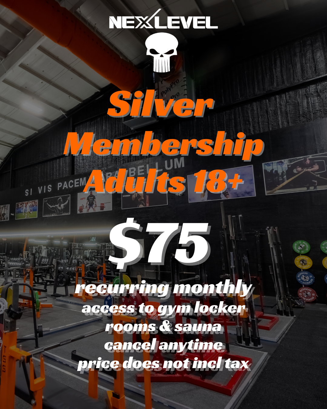 Gym interior with weightlifting equipment and posters, promotional advertisement for Silver Membership Adults 18+, priced at $75 monthly, offering access to gym locker rooms and sauna, cancel anytime, no tax.