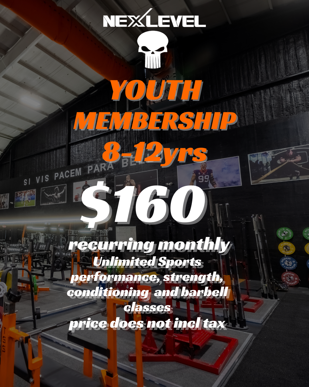 Fitness gym interior with weightlifting equipment and posters, advertisements for youth membership at Next Level gym, offering $160 monthly recurring fee for ages 8 to 12, includes unlimited sports, performance, strength, conditioning, and barbell classes, price excludes tax.