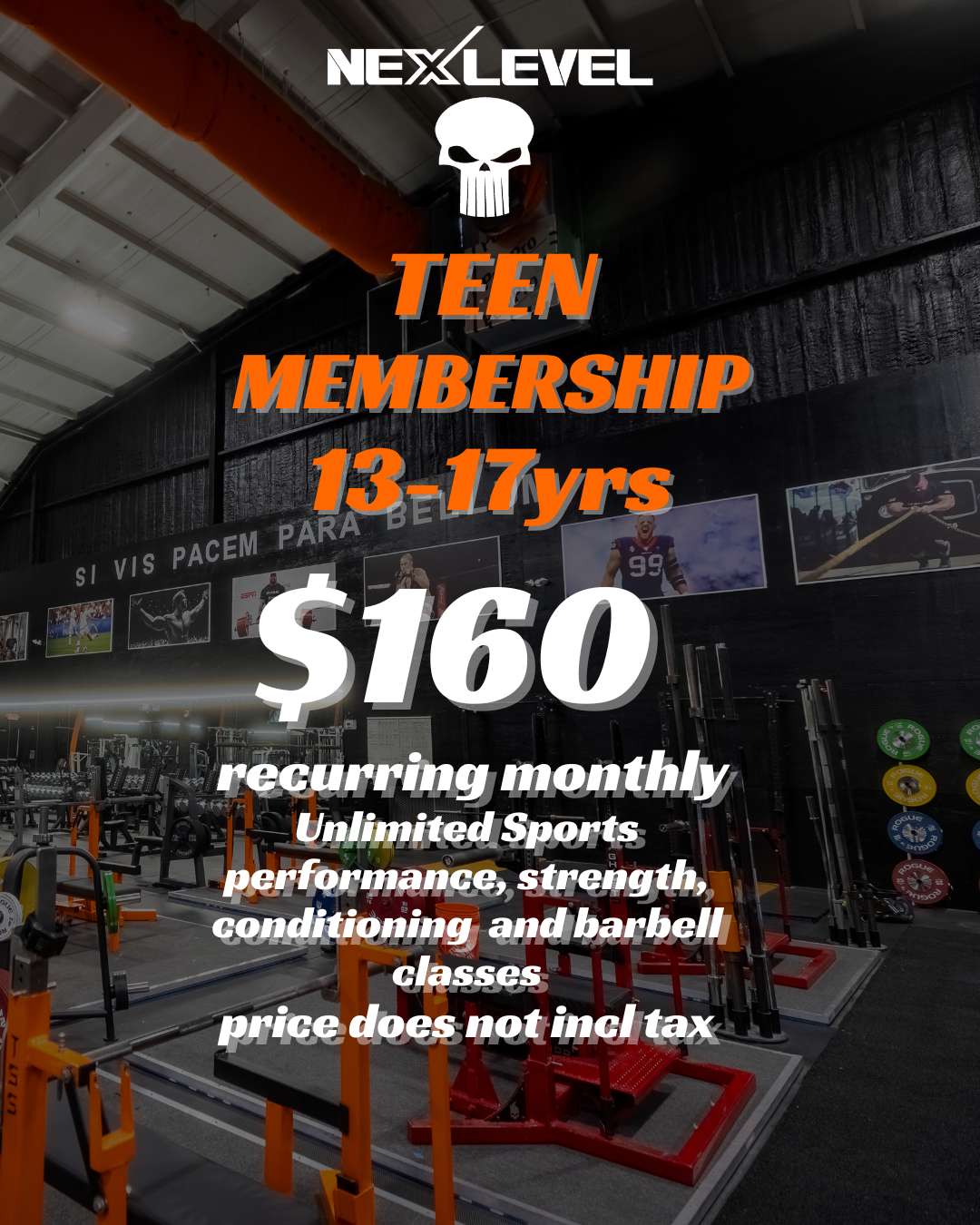 Fitness gym interior with equipment, posters, and a black wall, promoting teenage gym membership for ages 13-17, with a monthly fee of $160, offering unlimited sports, performance, strength, conditioning, and barbell classes, excluding tax.