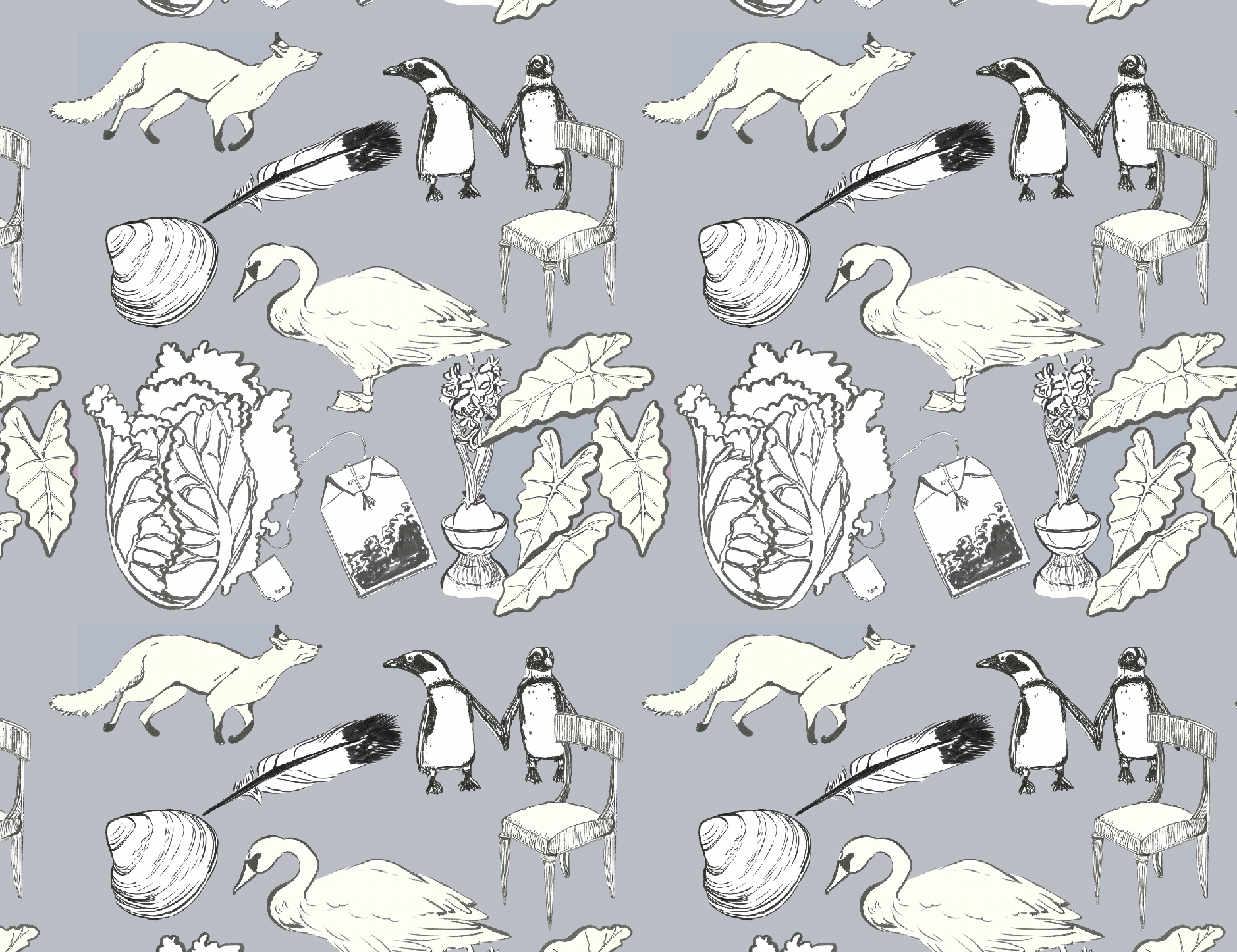 A seamless pattern featuring various illustrated objects on a gray background, including a dog, penguin, swan, feather, shell, potted plant, chair, and paper with illustrations.