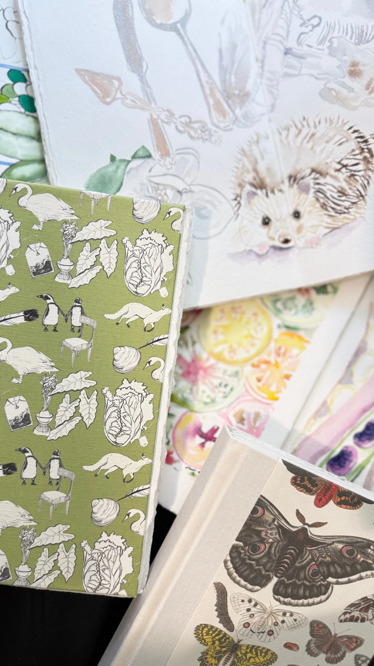 Close-up of botanical and animal illustrations on books and paper with a hedgehog drawing visible in the background.