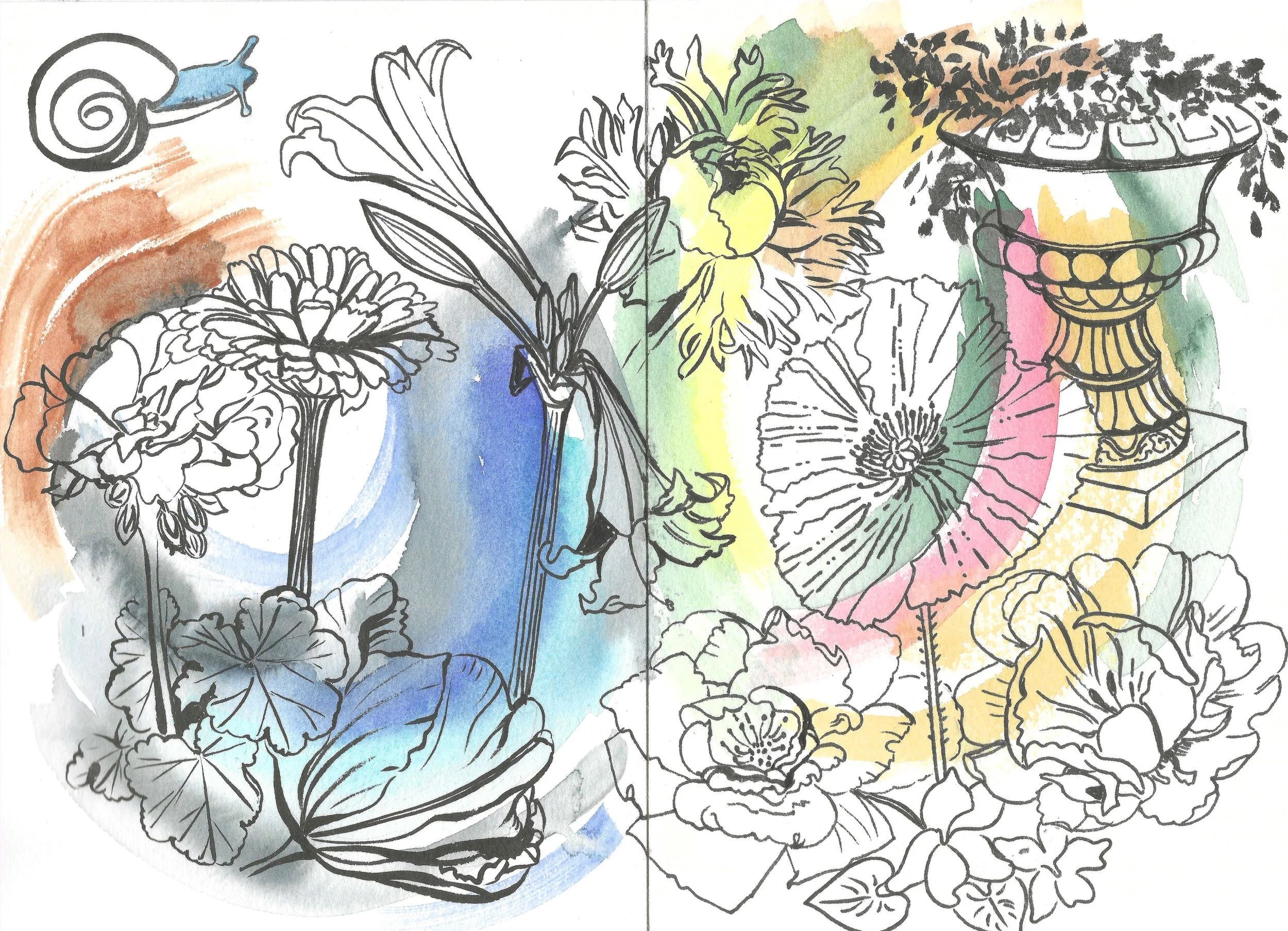 A mixed-media illustration of floral arrangements with black ink outlines and watercolor backgrounds. The left side features flowers like a large sunflower, a chrysanthemum, and leaves against a blue and orange watercolor background. The right side d