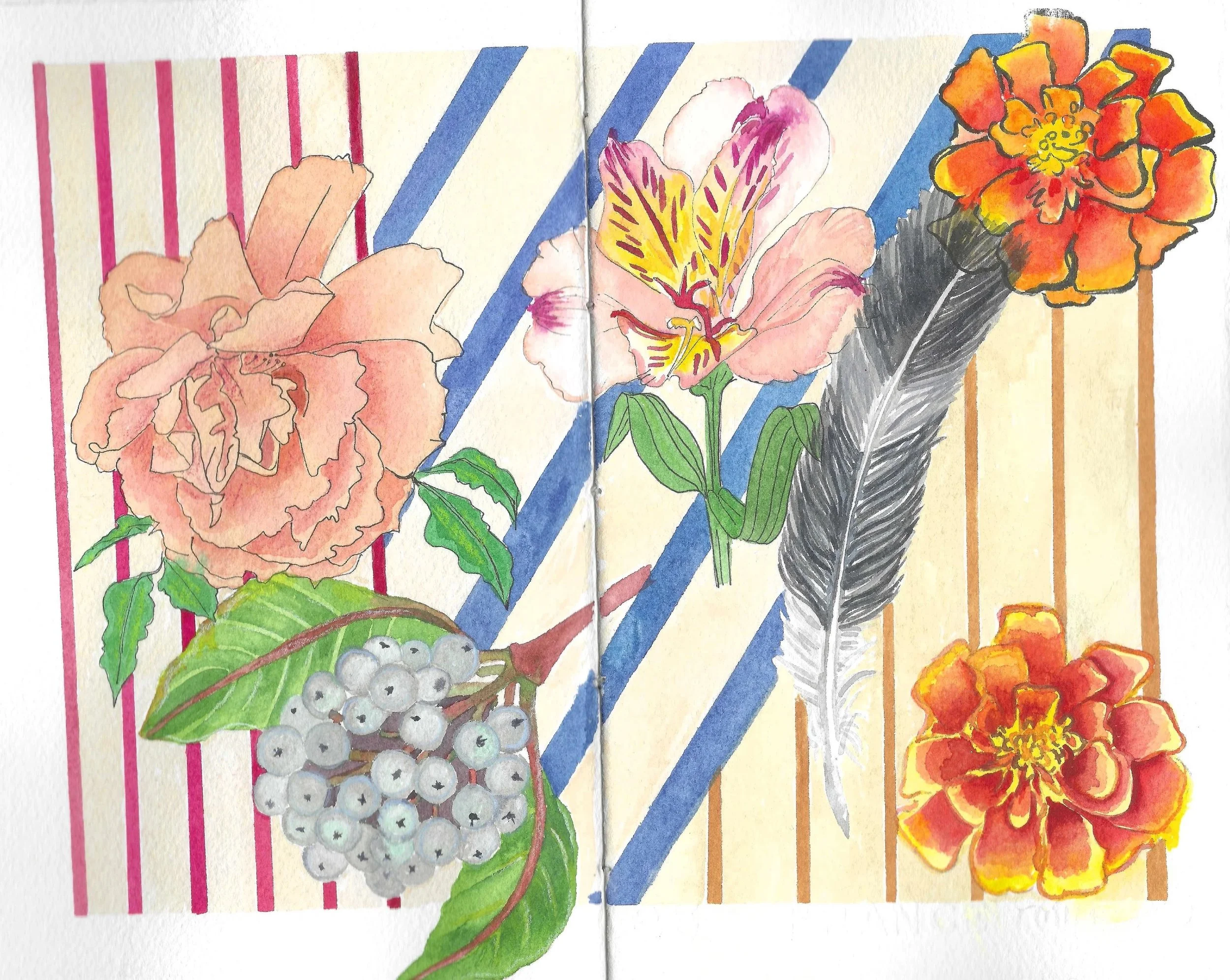 Watercolor illustration of various flowers including pink peony, pink and yellow lily, orange marigold, and a cluster of white berries with green leaves, set against a background of pink, blue, and brown vertical stripes.