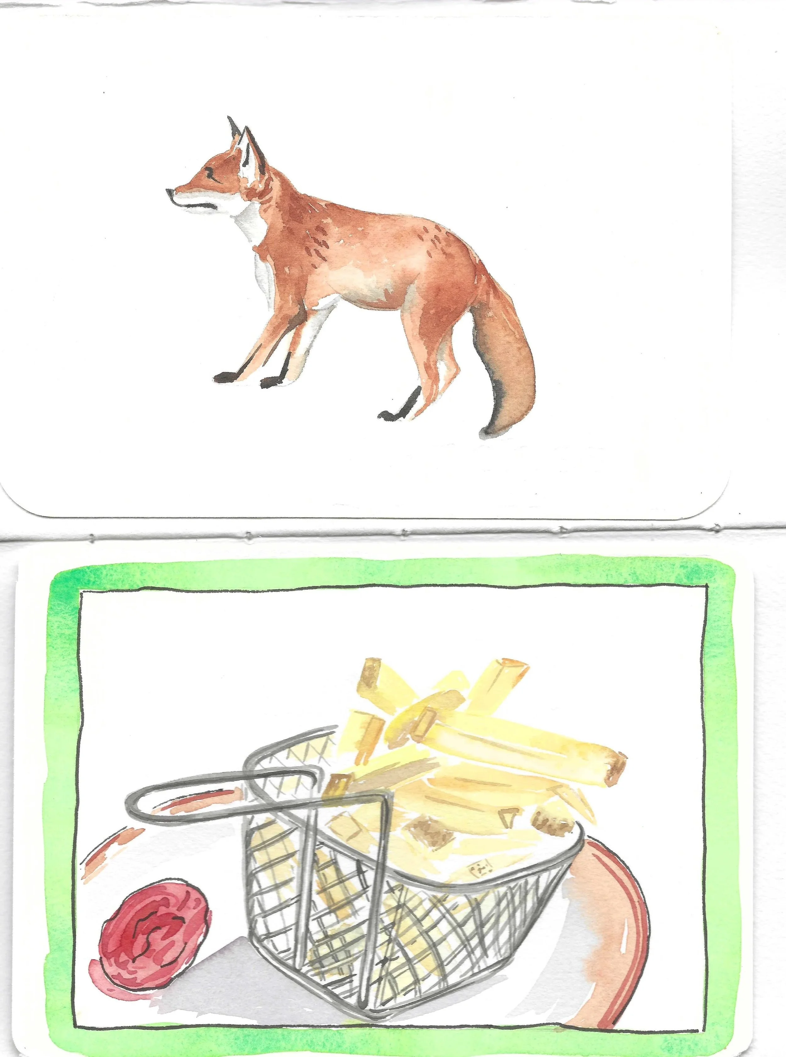 Watercolor illustrations of a fox and a basket of French fries with a slice of tomato on a cutting board.