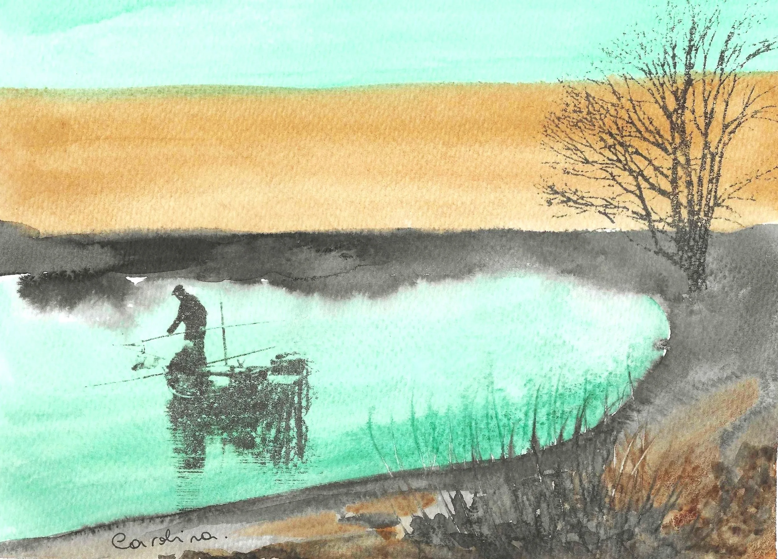 Watercolor painting of a person fishing on a small boat in a river at sunset, with a leafless tree on the bank to the right and hills in the background.