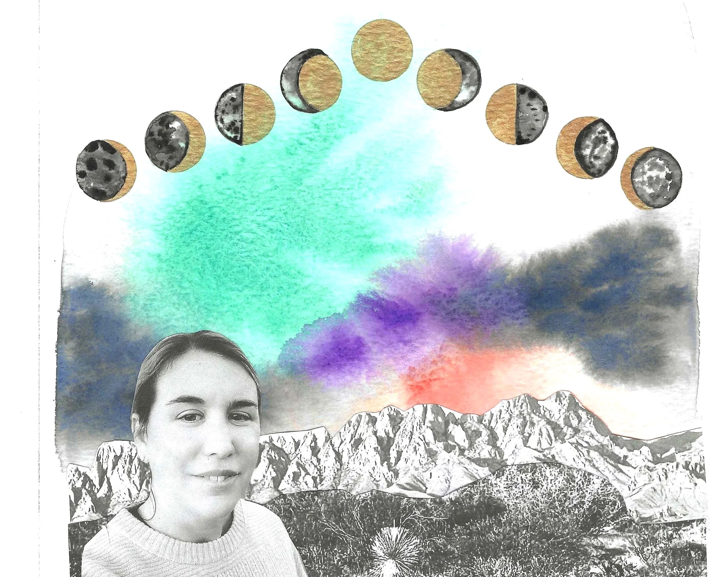 A mixed-media collage featuring a black and white photo of a woman in the foreground, a mountain landscape below, colorful watercolor clouds in the sky, and a series of moon phases arranged in an arc at the top.