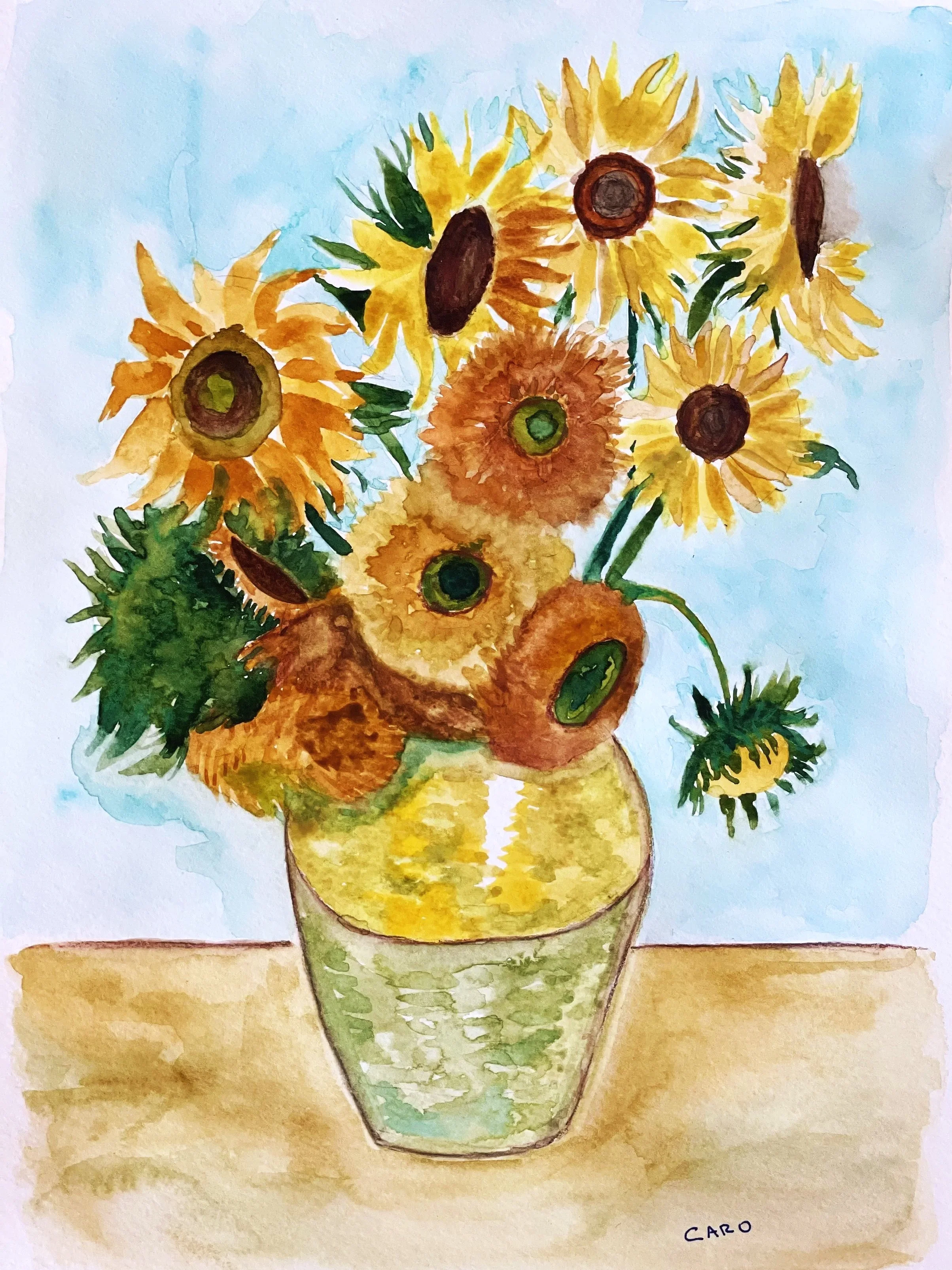 Watercolor painting of a bouquet of sunflowers in a vase, with yellow and green colors, on a wooden surface.