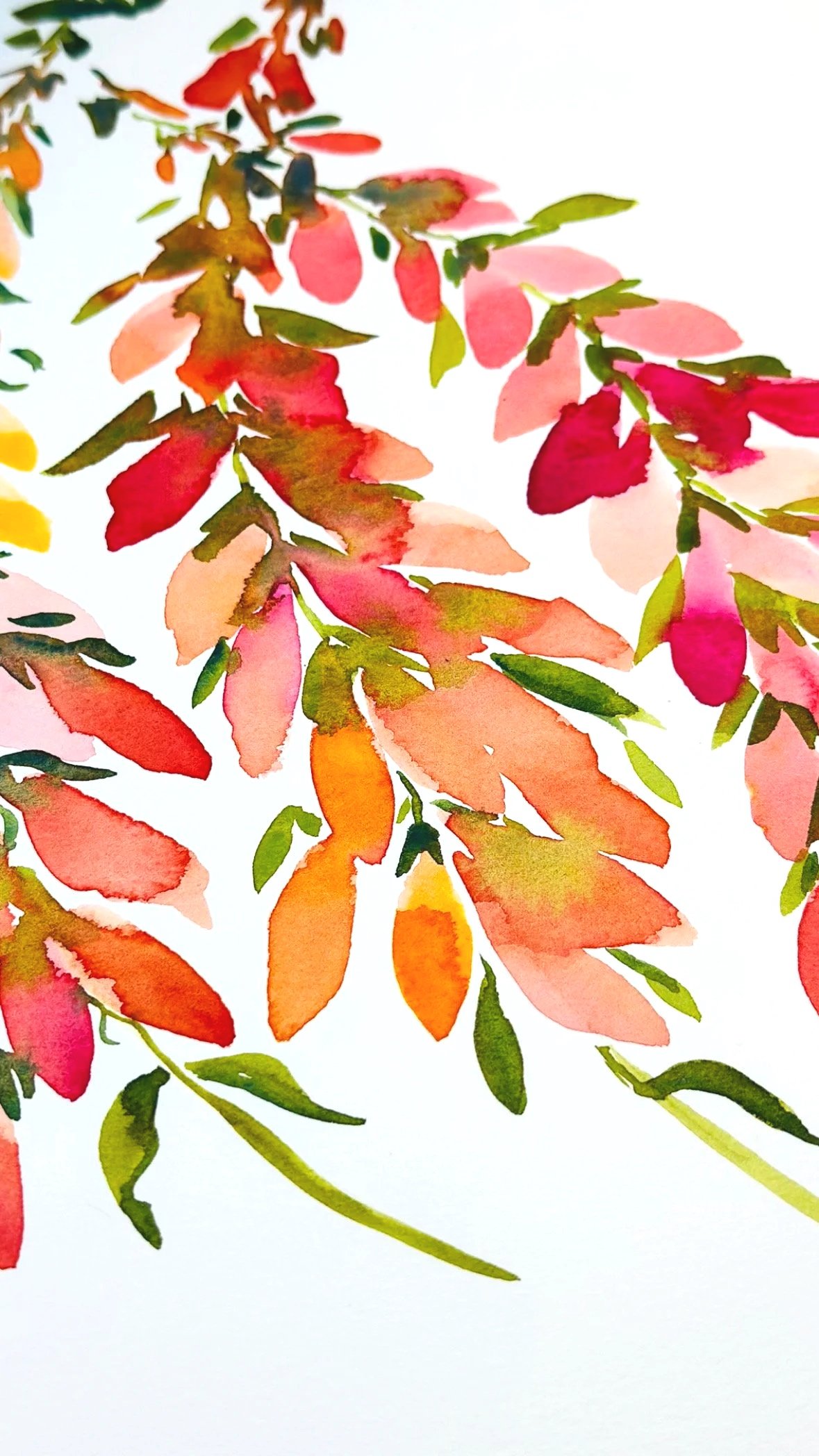 Watercolor painting of autumn leaves in shades of red, orange, pink, and green on a white background.