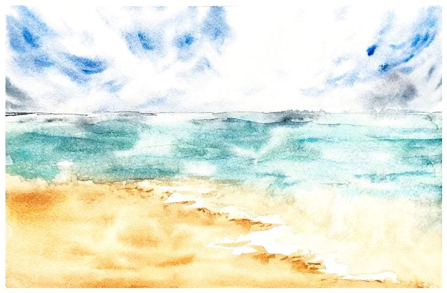 Watercolor painting of a beach scene with sandy shore, ocean waves, and a cloudy sky.