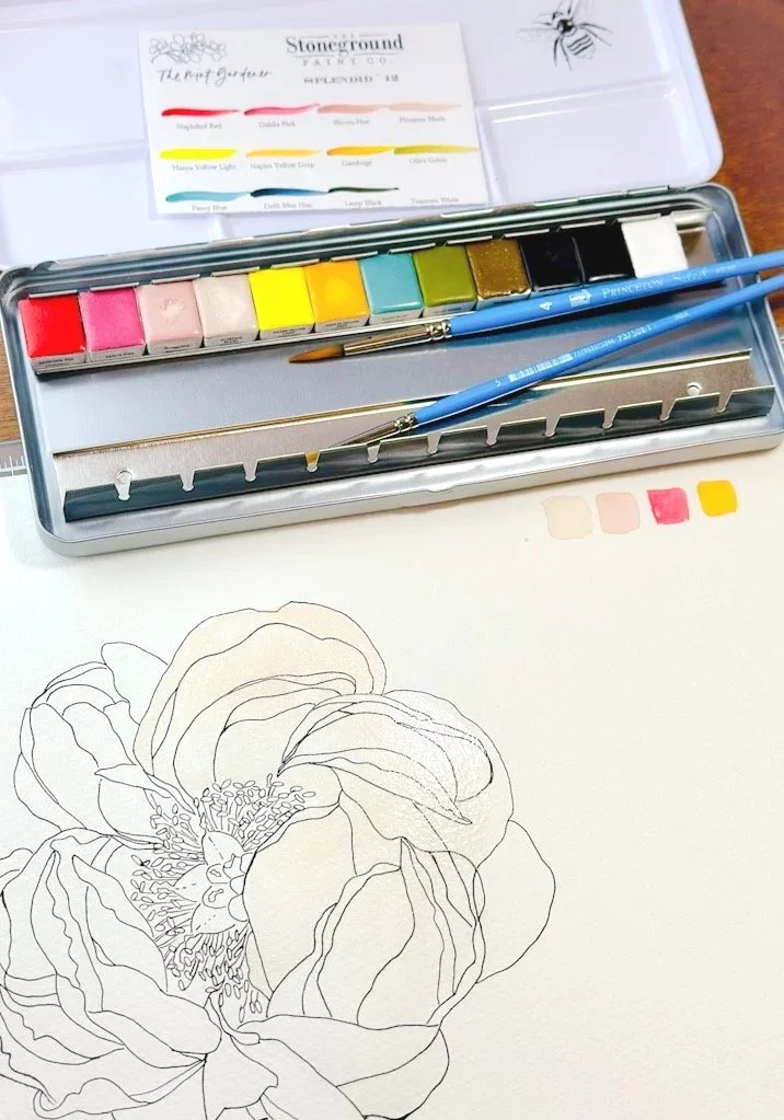 A watercolor paint set with various colors, two blue brushes, and an outline drawing of a flower being painted on white paper.