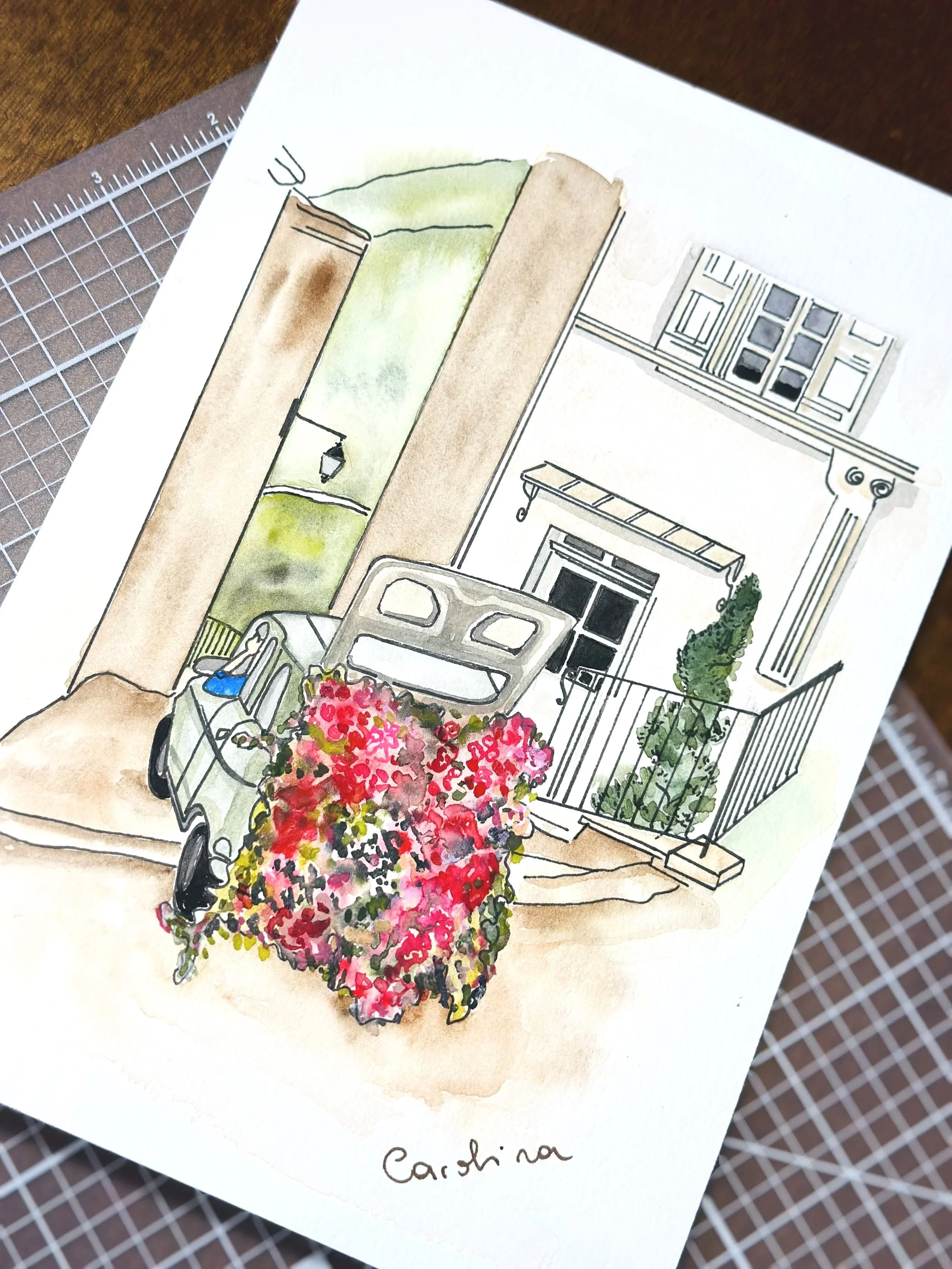 Watercolor illustration of a residential balcony with blooming pink flowers, a garden, and apartment windows.