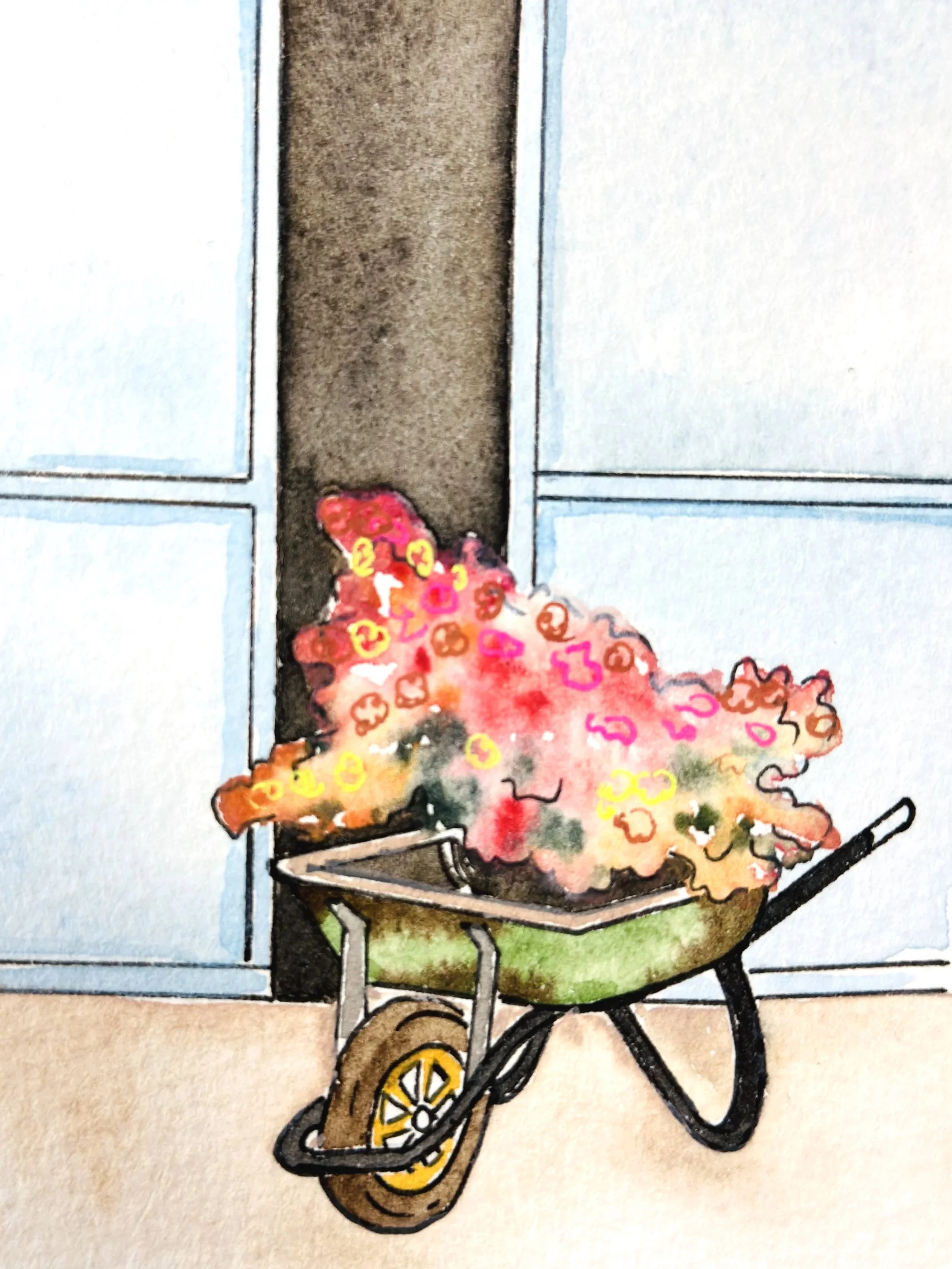 Watercolor illustration of a wheelbarrow filled with colorful autumn leaves, positioned in front of a blue door.