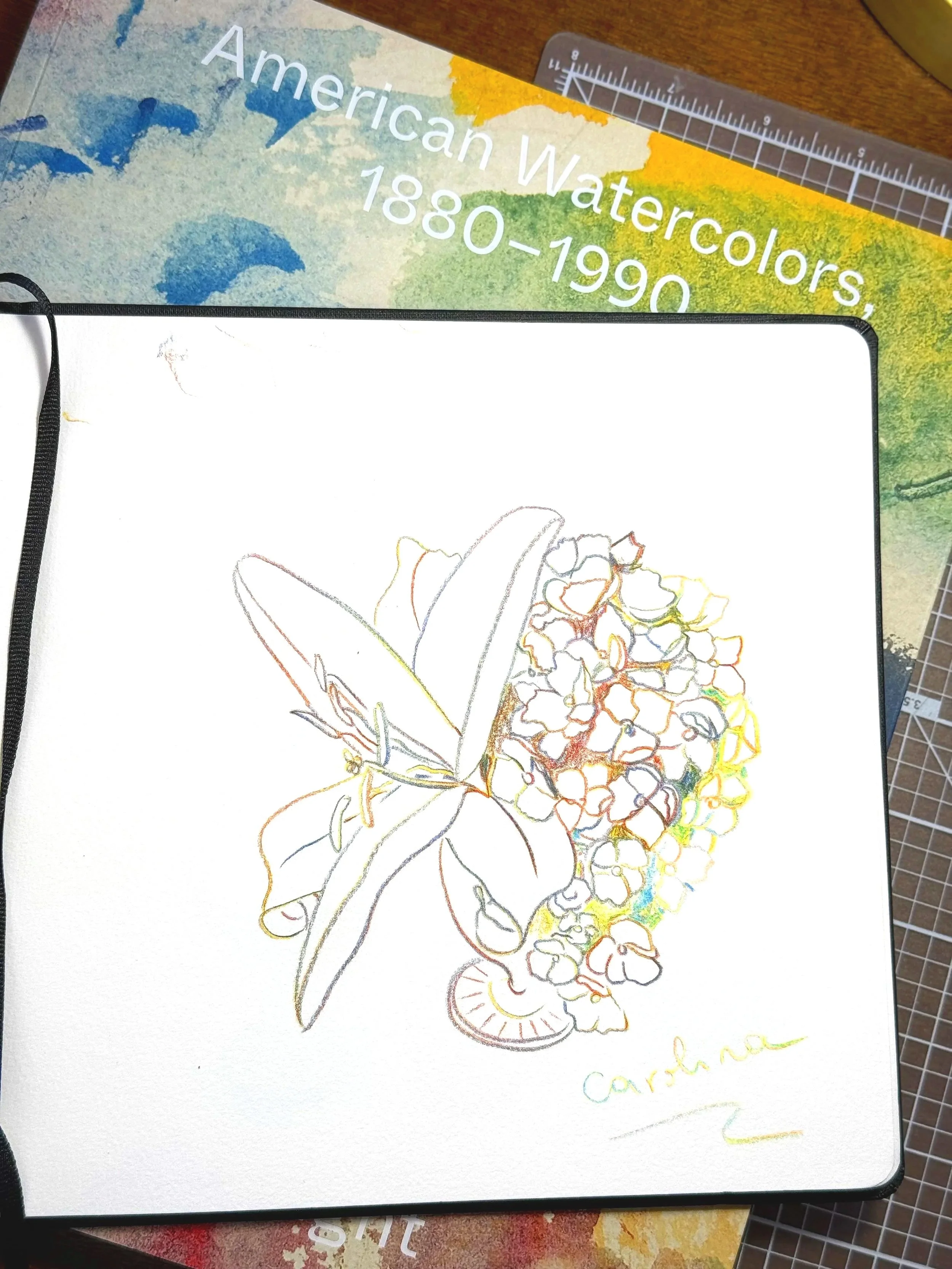 A colored pencil drawing of a butterfly resting on a bouquet of small flowers, with the artist's signature 'Carina' at the bottom.