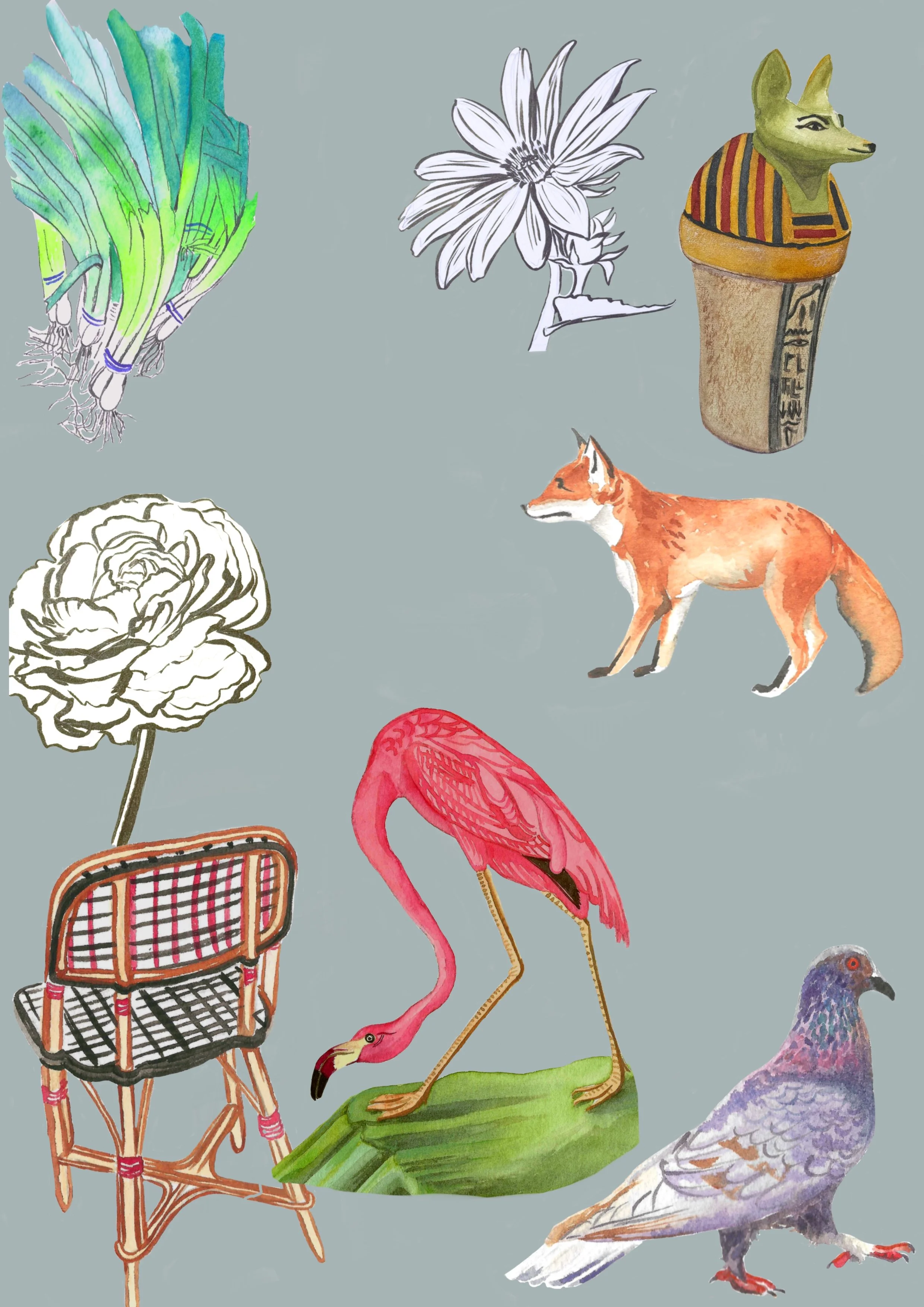 A collage of various illustrations including a bunch of green onions, a white flower, an Anubis statue, a fox, a carnation flower, a pink flamingo, and a pigeon, all set against a gray background.