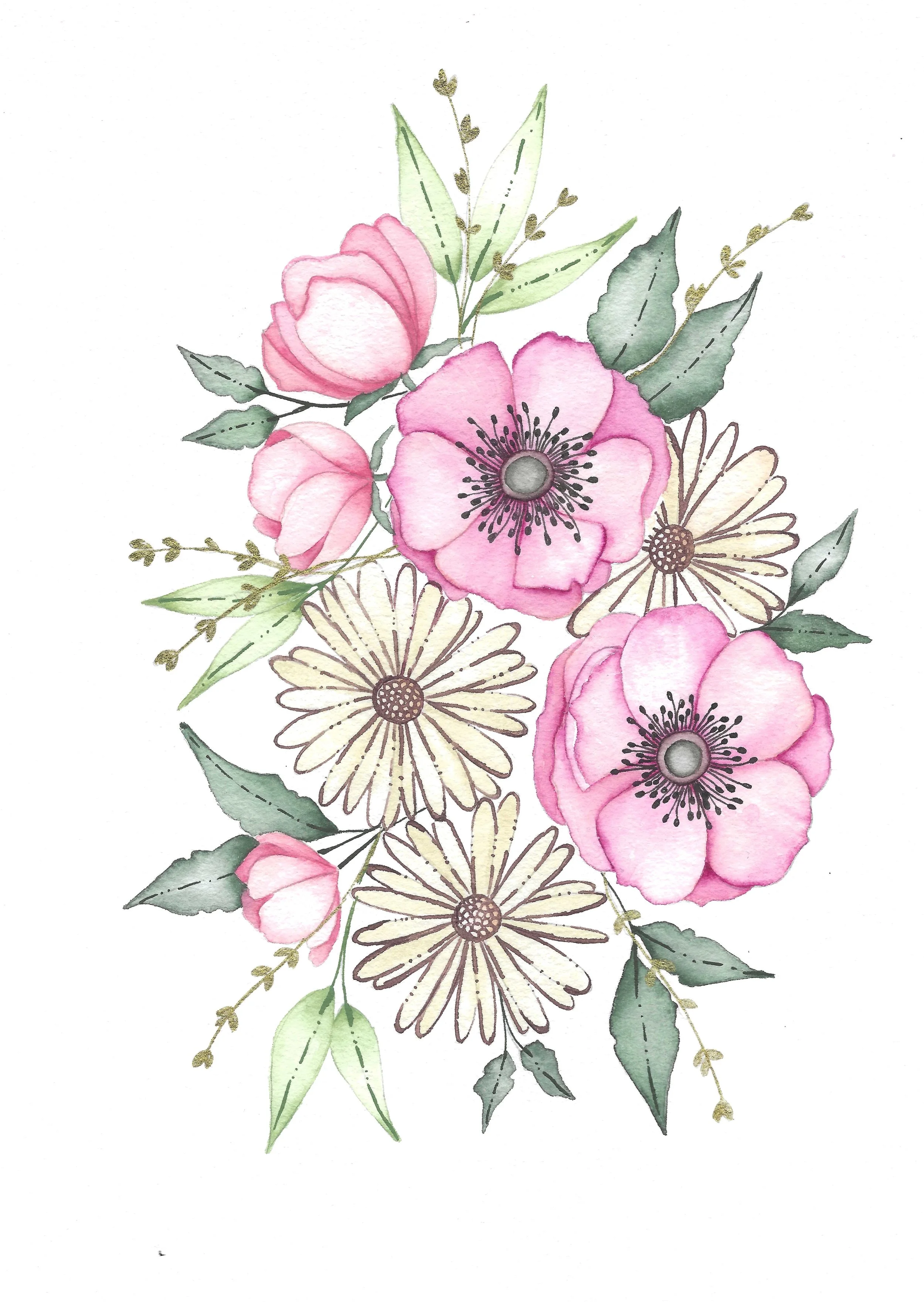 Watercolor painting of pink and cream flowers with green leaves and small buds.