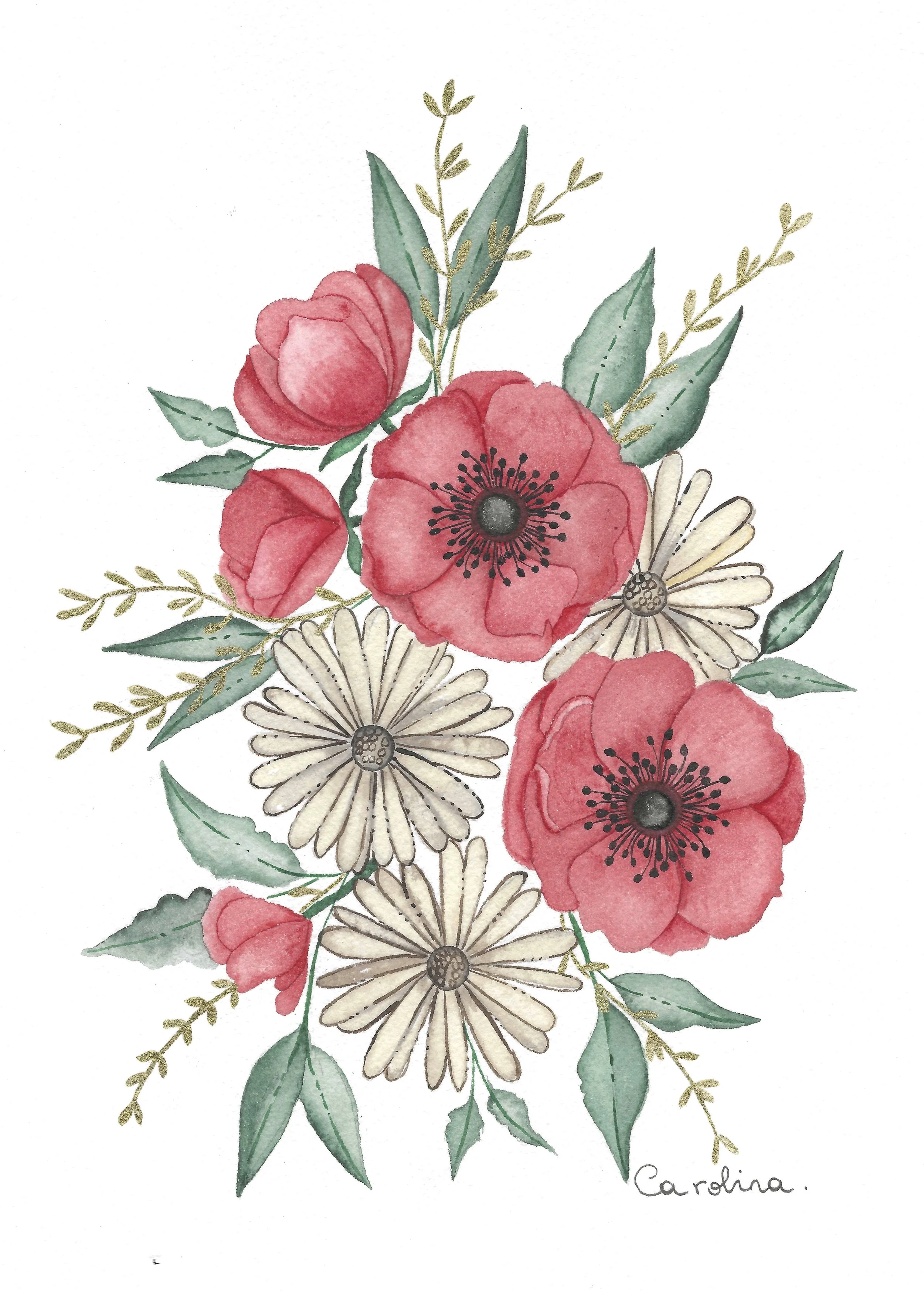 Watercolor floral bouquet with pink poppies, white daisies, and green leaves, with "Carolina" handwritten in the bottom right corner.