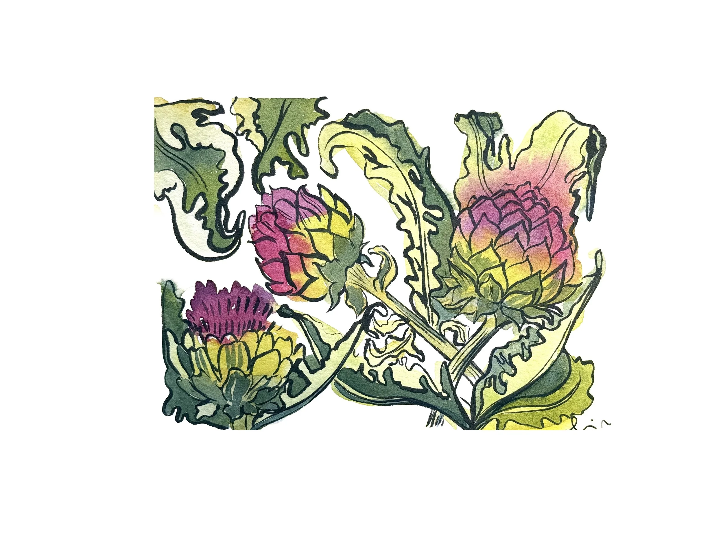 Watercolor illustration of three artichokes with green leaves and purple and pink flowers.