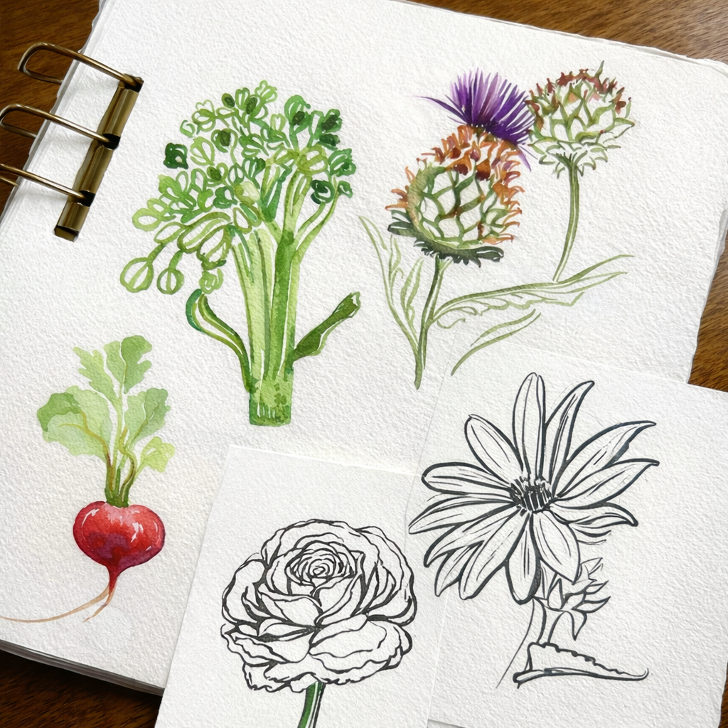 Collection of botanical illustrations including a broccoli, a radish, a potted flower, a dandelion, and two line drawings of a rose and a flower.
