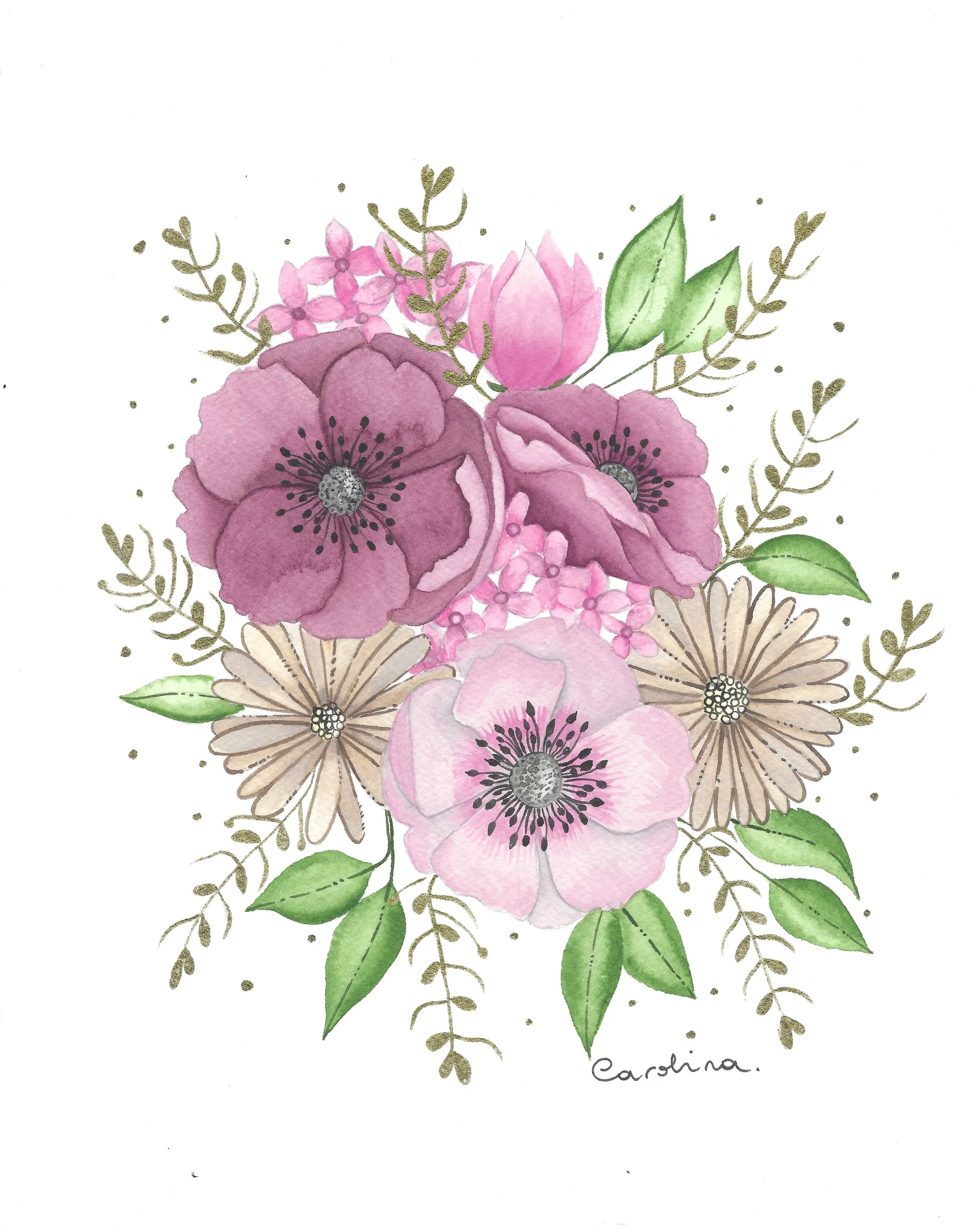 Watercolor illustration of pink and purple flowers with green leaves, signed by Carolina.