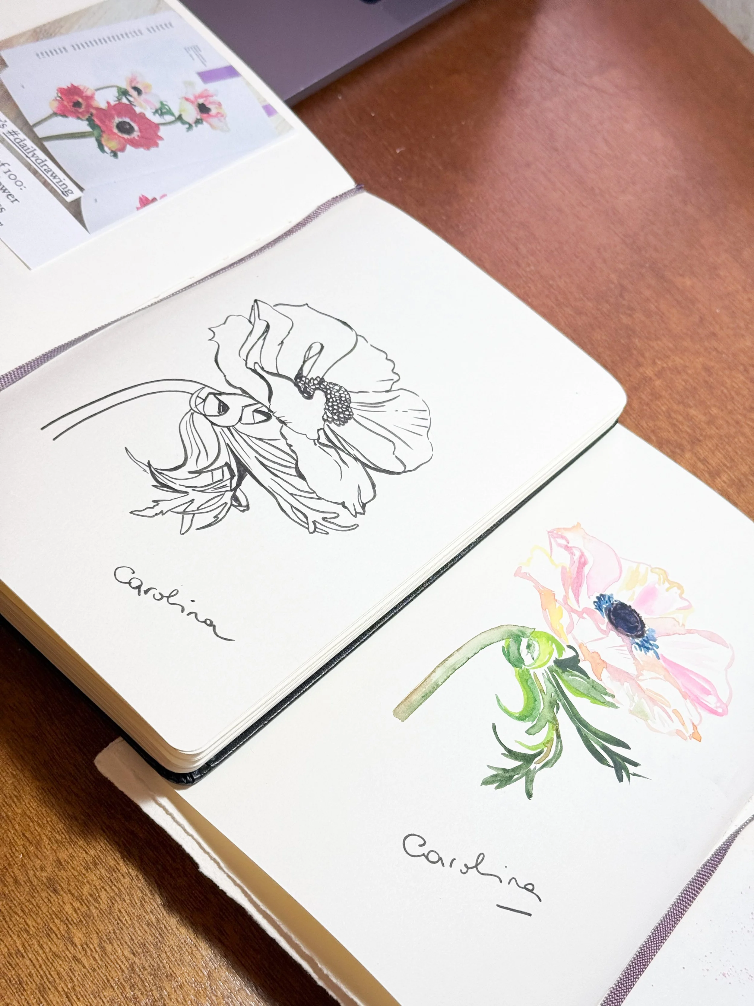 Open sketchbook showing an outline and watercolor painting of a pink and yellow poppy flower with green stem and leaves, with the names Carolina and Caroline handwritten below each drawing.