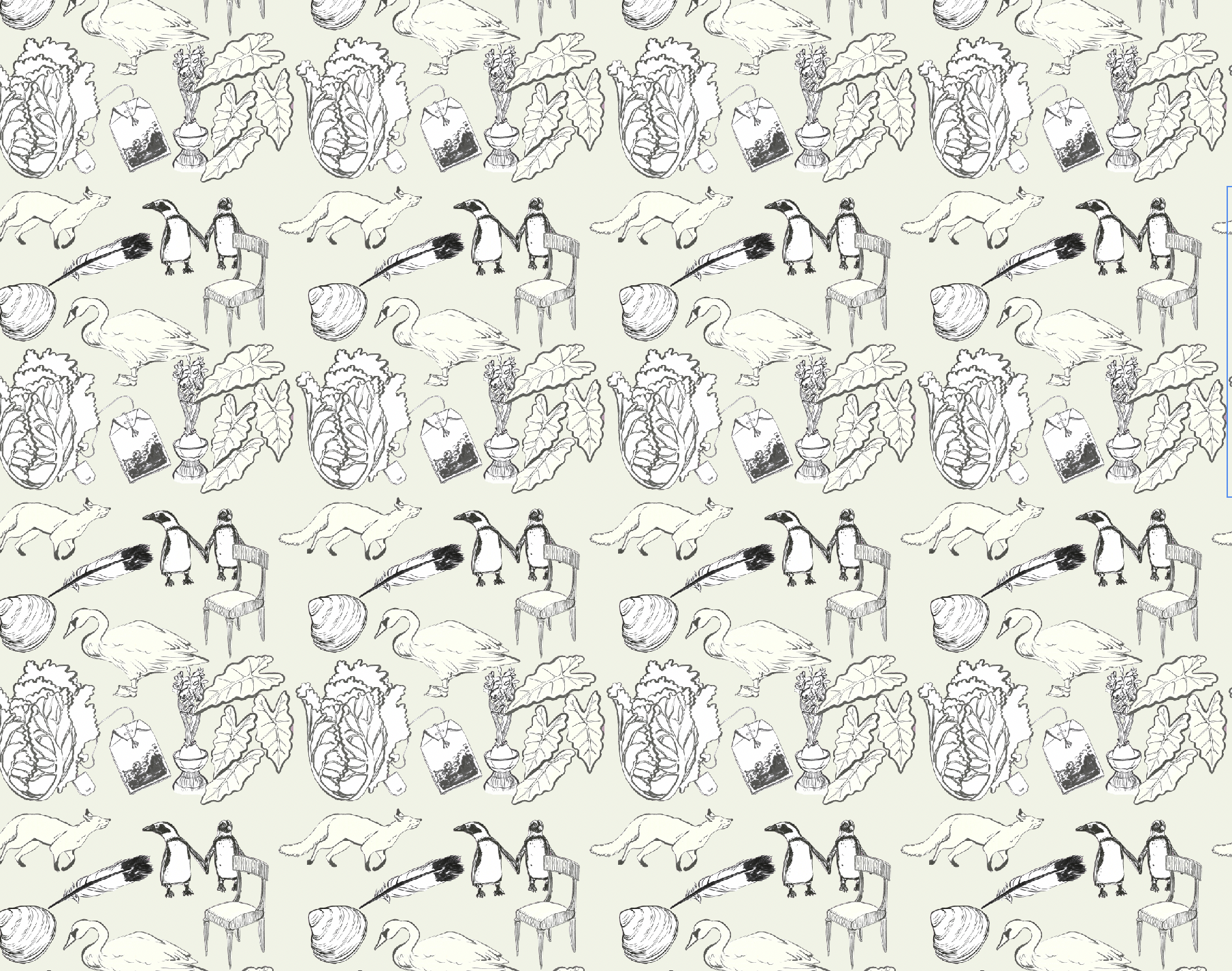 A seamless pattern featuring drawn illustrations of swans, potted plants, a cat, a feather, a chair, and a salt shaker, all in black and white on a light background.