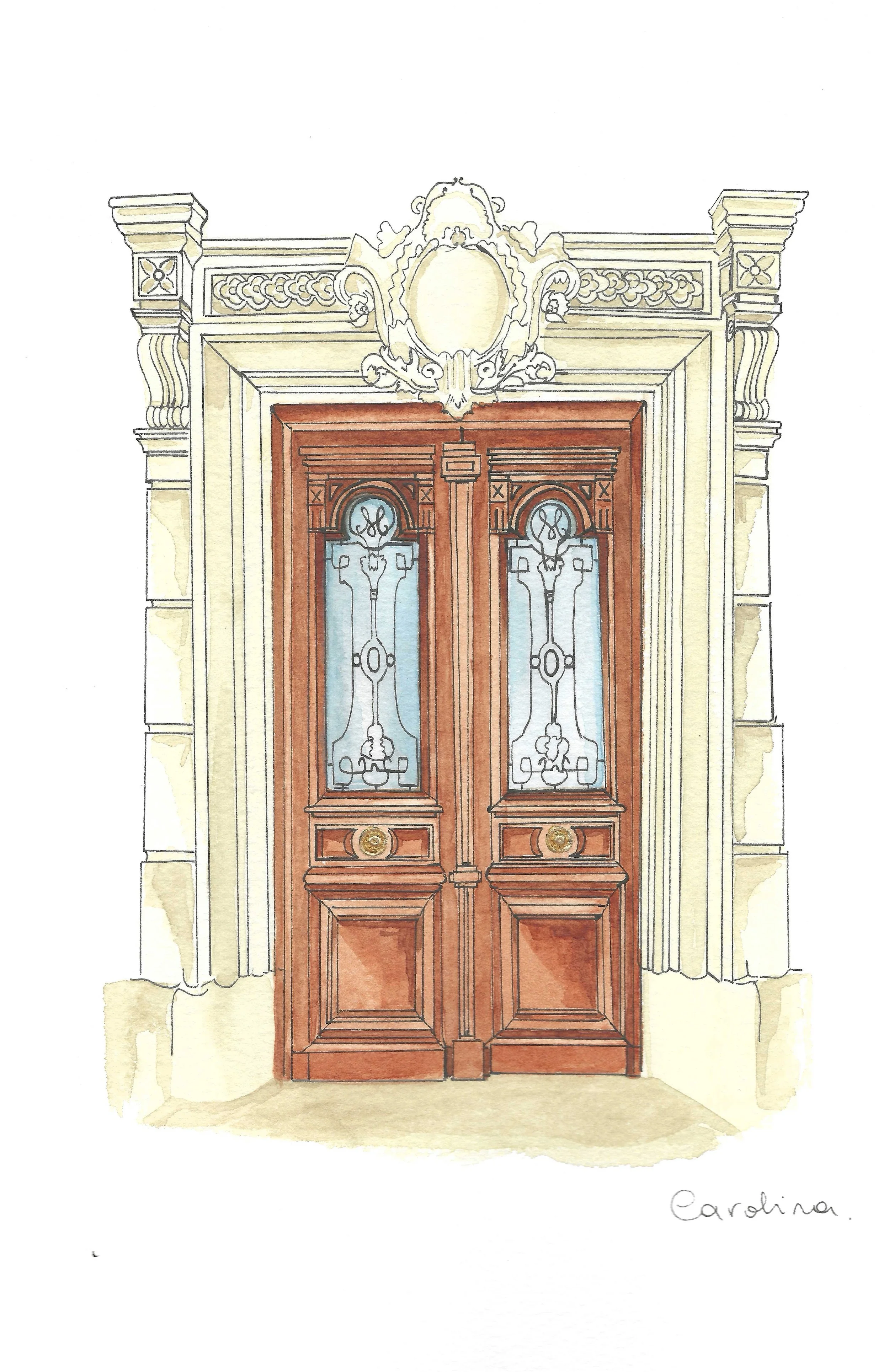 A detailed watercolor painting of an ornate wooden door with glass panels and decorative ironwork, surrounded by an elegant stone doorframe with intricate carvings. The word 'Carolina' is handwritten at the bottom right corner.