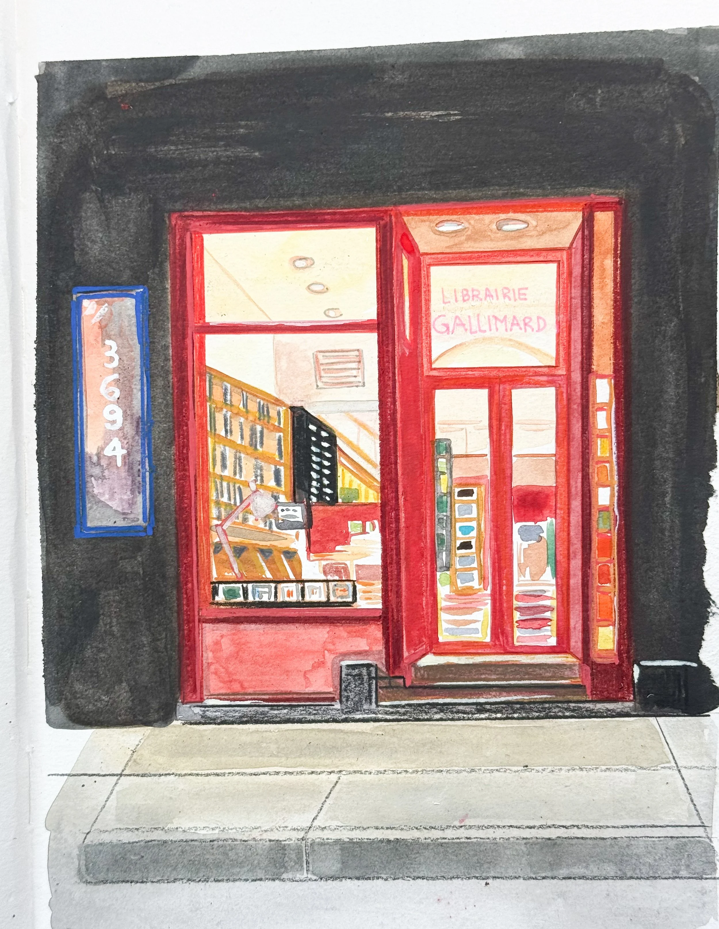 Watercolor painting of the entrance to a bookstore called Librairie Gallimard, with a large glass display window showing books inside, and a red door with steps leading up to it.