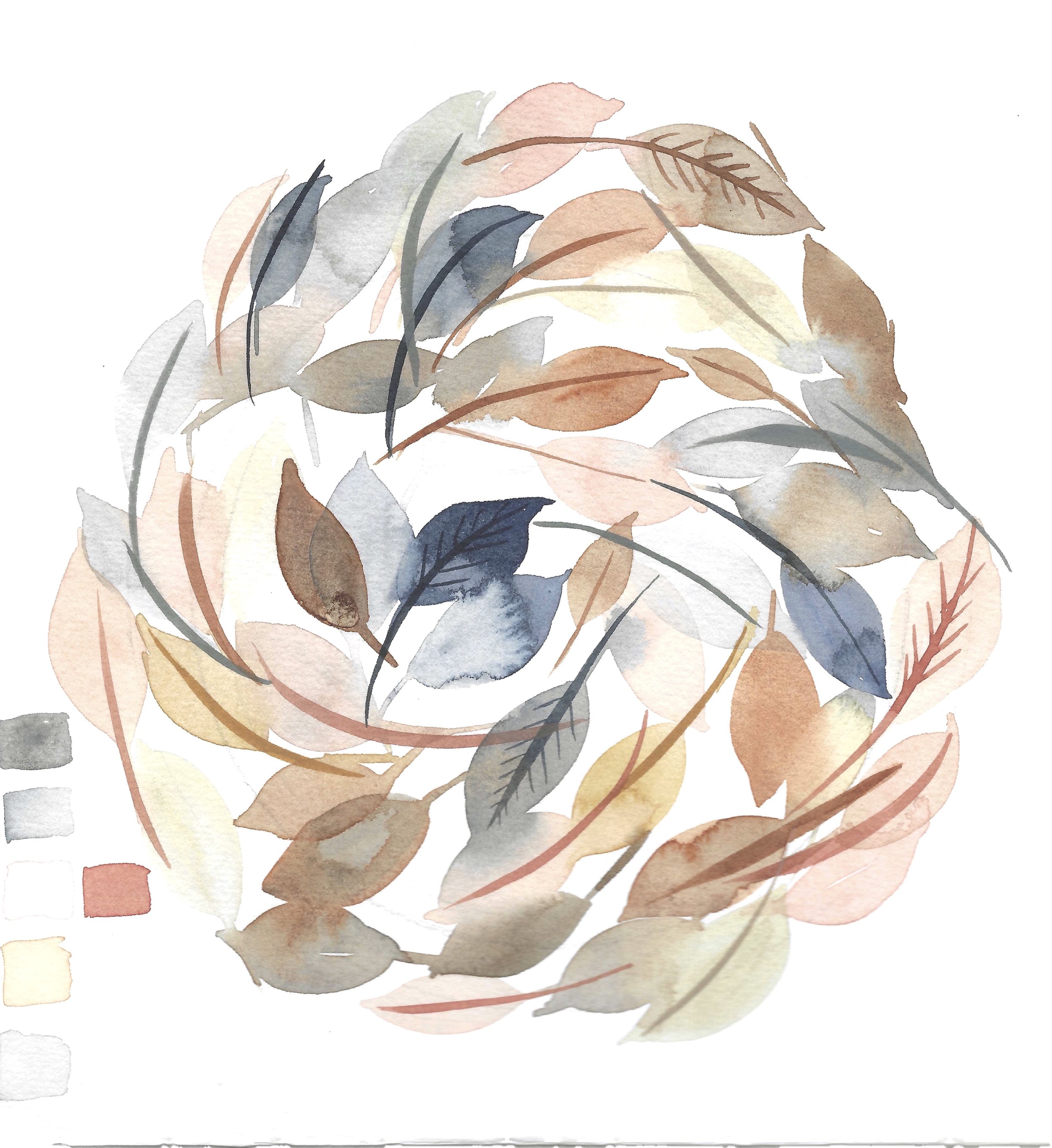 Watercolor painting of various leaves in shades of beige, pink, gray, and navy blue arranged in a circular pattern.