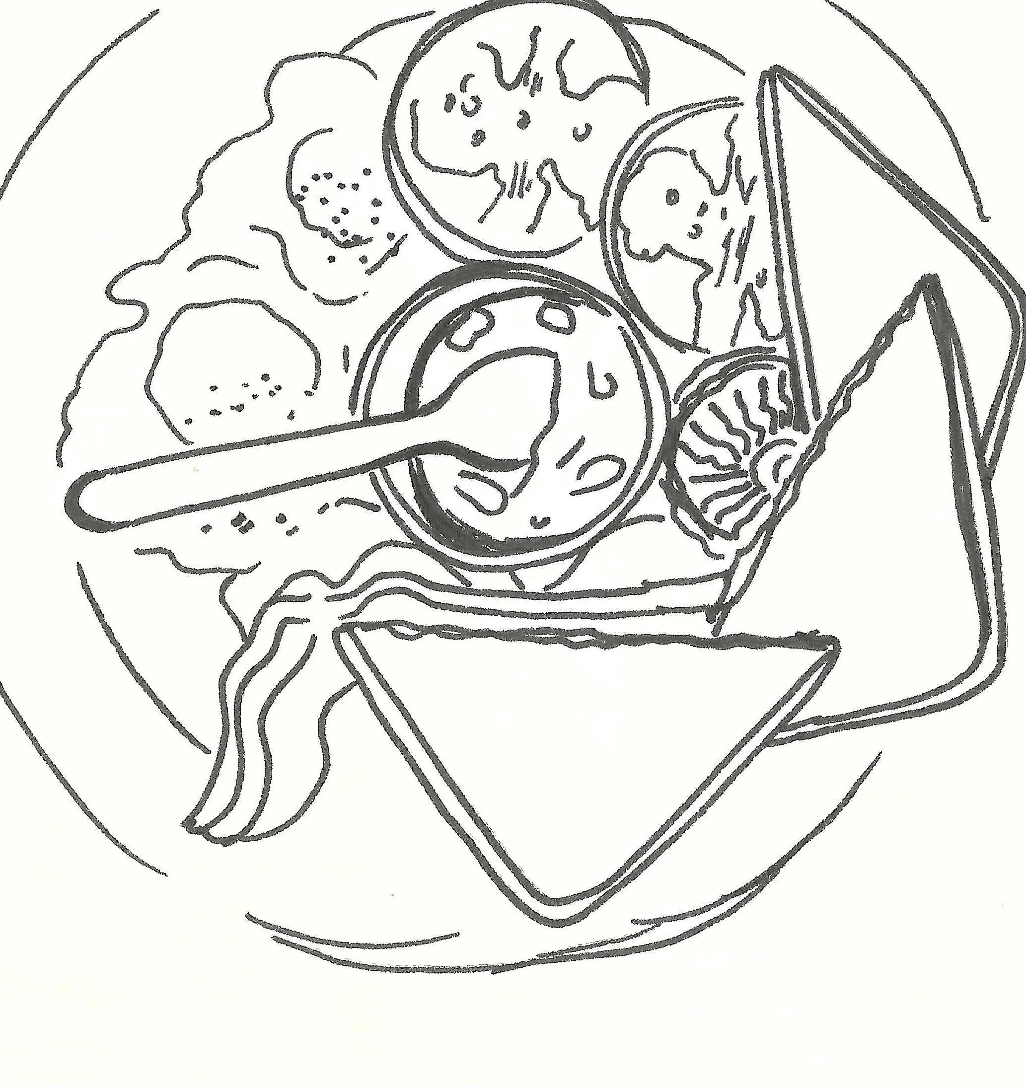 Line drawing of a platter with potato chips, a bowl of dip with a spoon, and a sliced lemon.