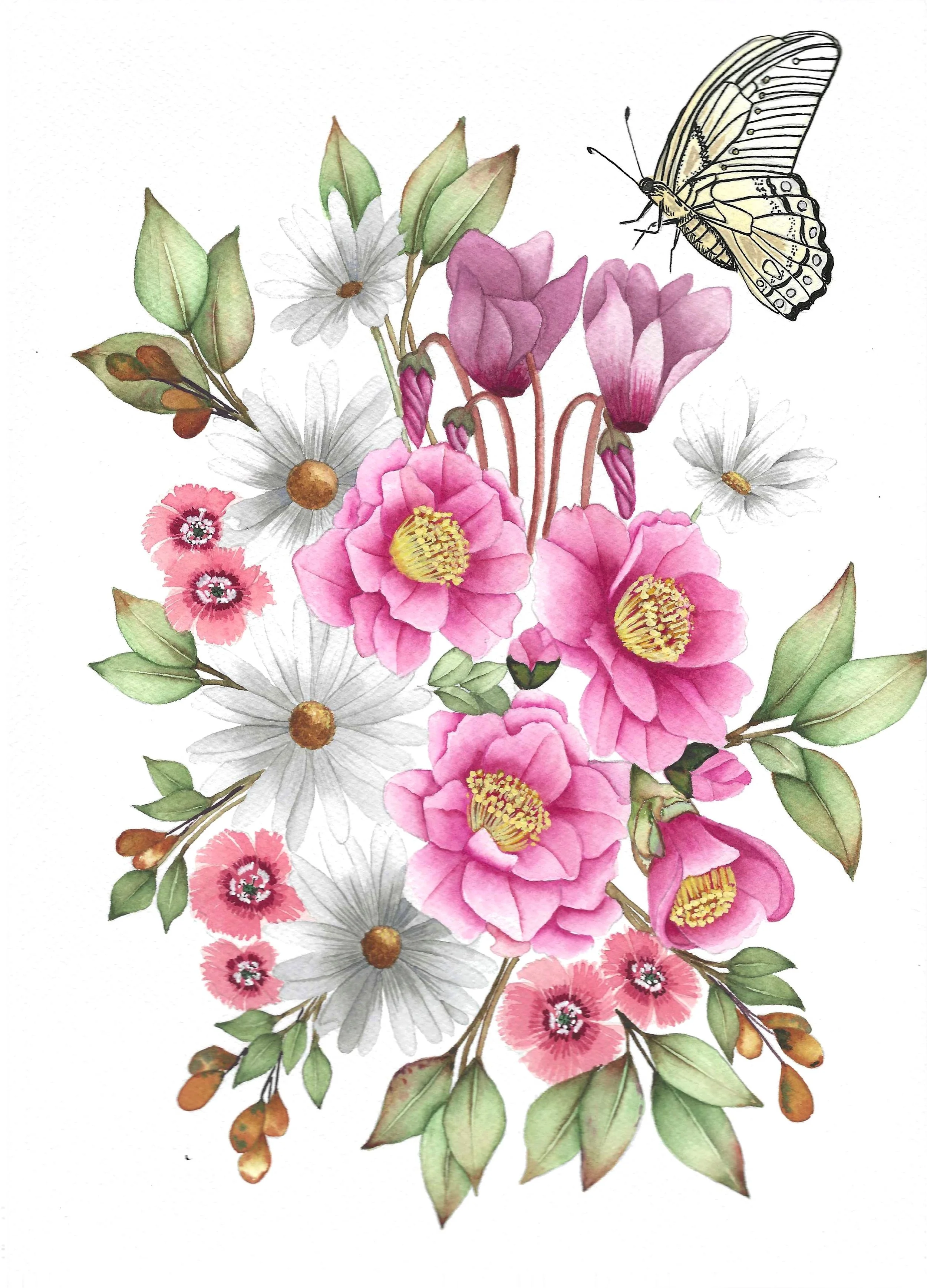 Watercolor illustration of a floral bouquet with pink roses, white daisies, pink carnations, green leaves, and a butterfly flying above.