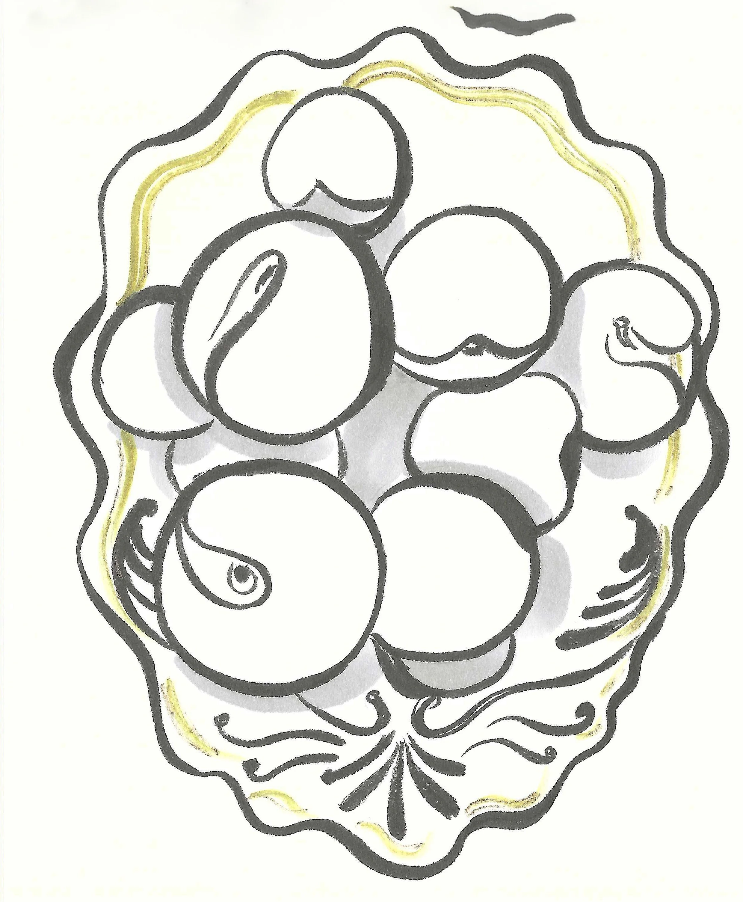 A black and white sketch of a bowl of lemons with leaves and a decorative border.