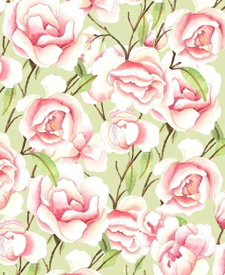 Watercolor pattern of pink and white roses with green leaves and brown stems on a light green background.