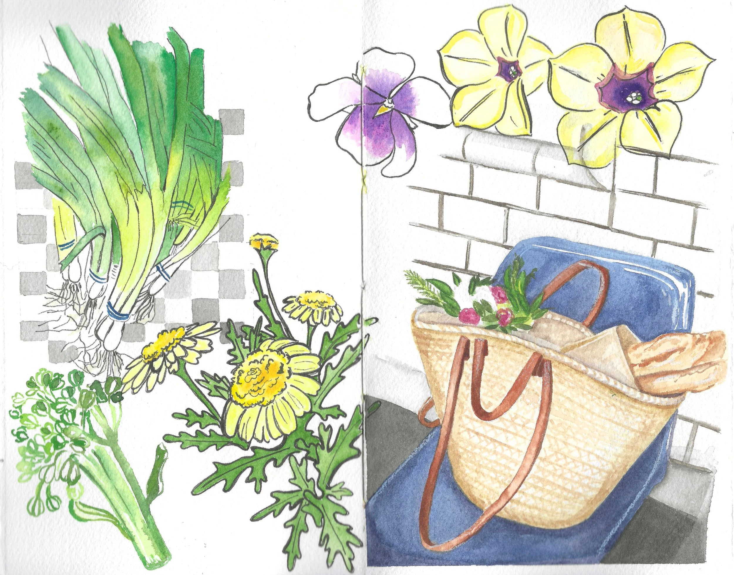 A watercolor illustration of fresh vegetables like green onions and yellow flowers, and a basket with a loaf of bread and a blue bag, set against a brick wall with painted yellow and purple morning glories.