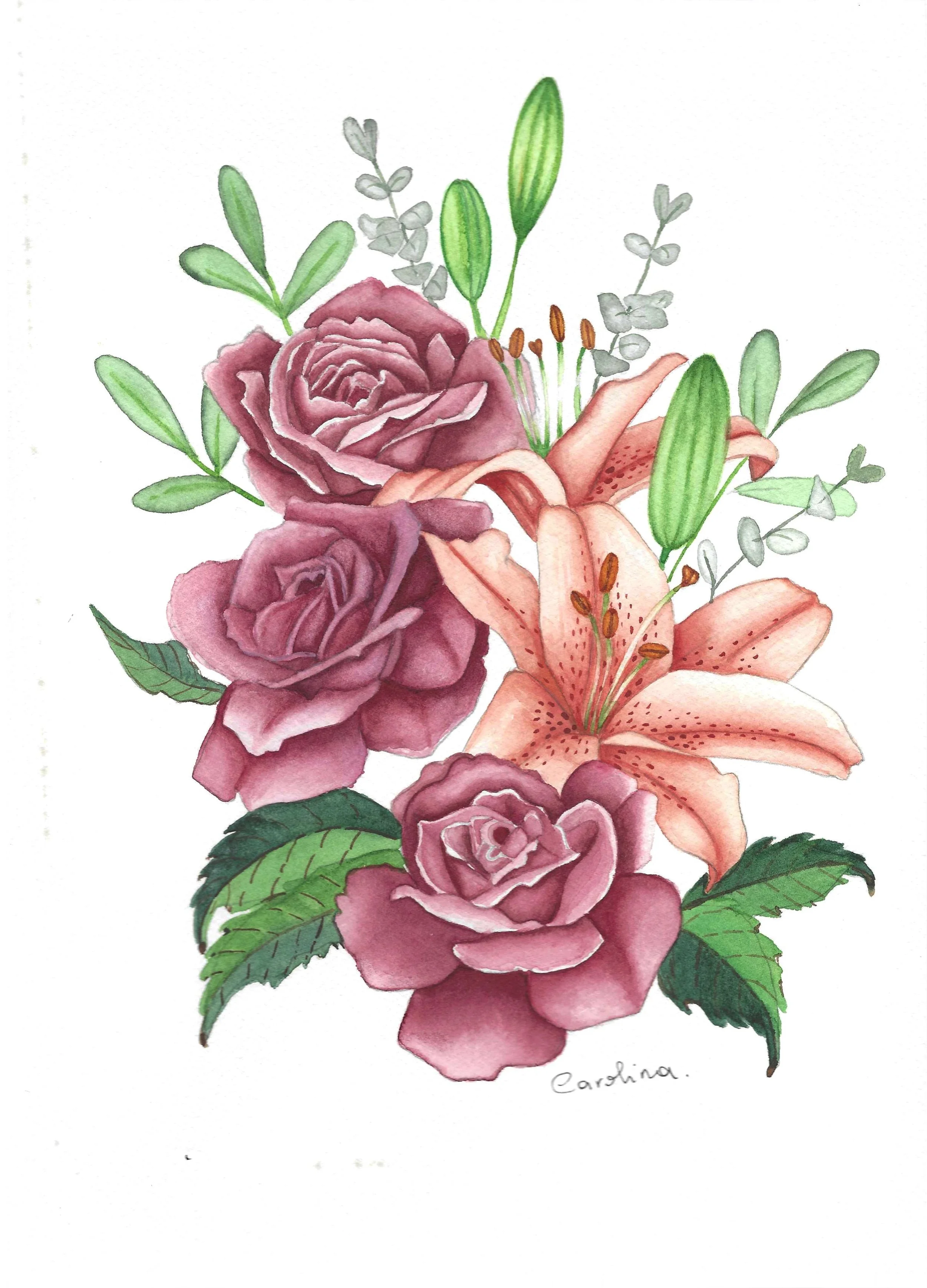 Watercolor illustration of pink roses and lilies with green leaves.
