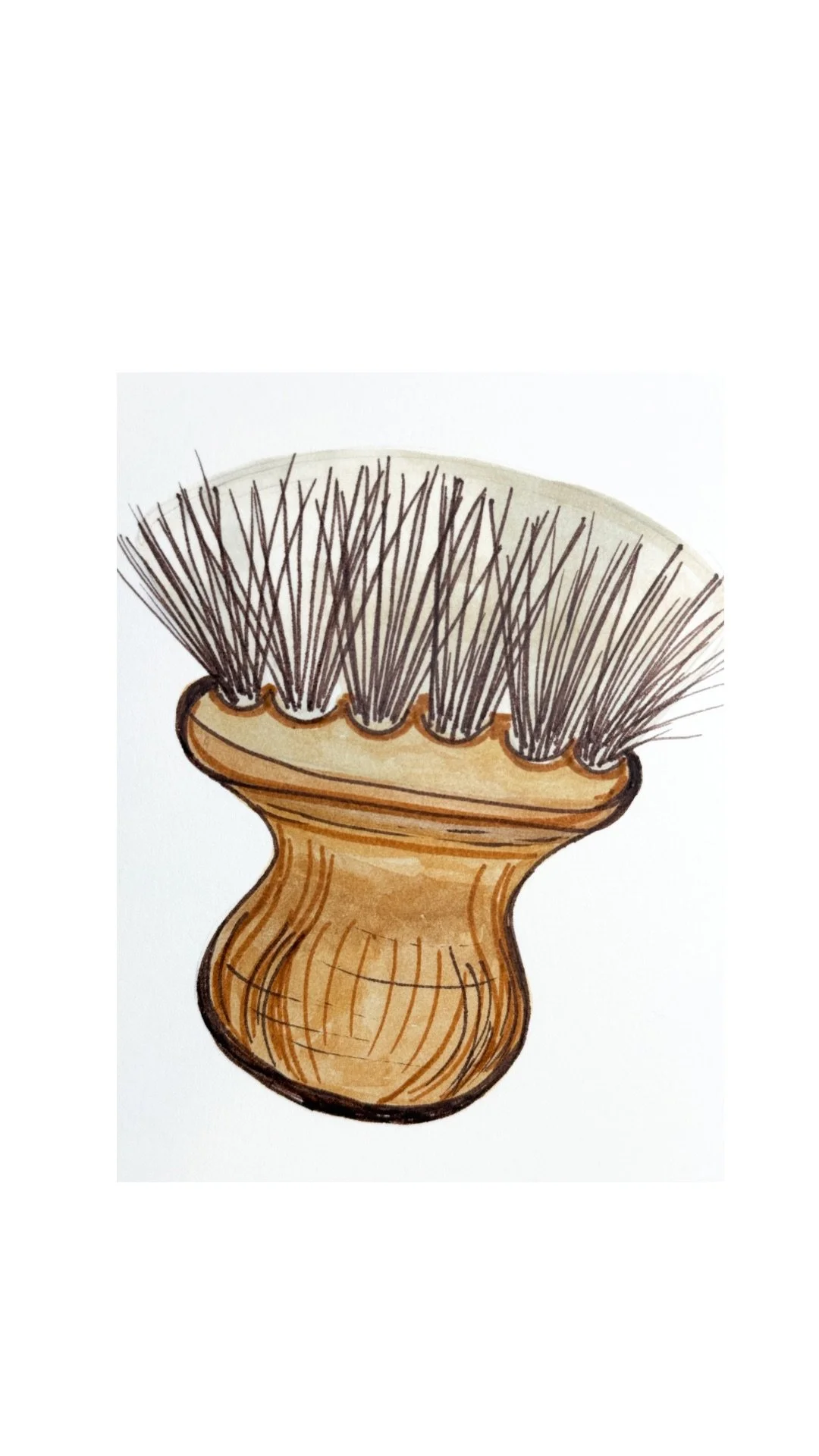 Illustration of a shaving brush with a brown handle and black bristles.