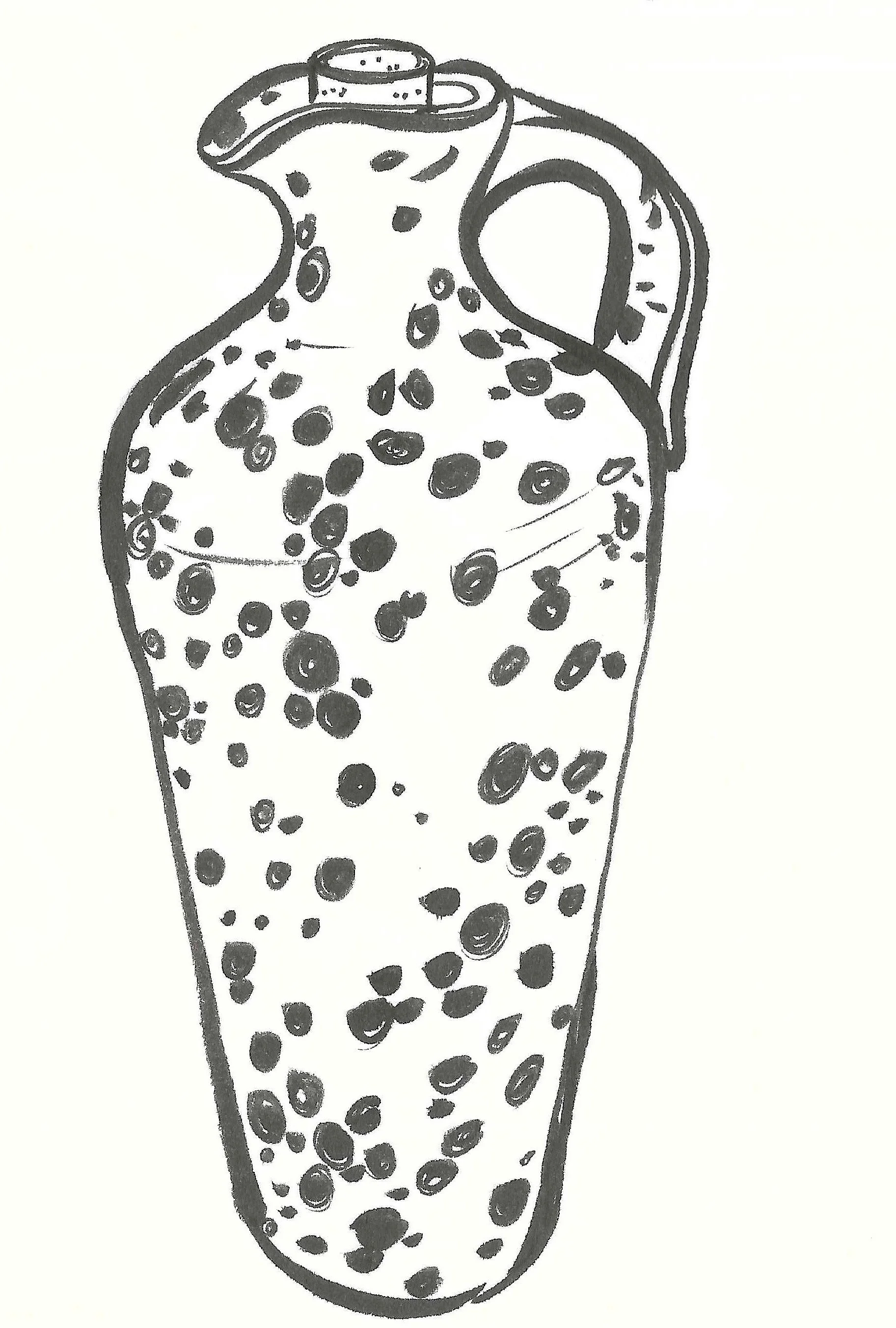 Black and white drawing of a tall, slender pitcher with a handle and a narrow spout, decorated with numerous small dark circular spots.