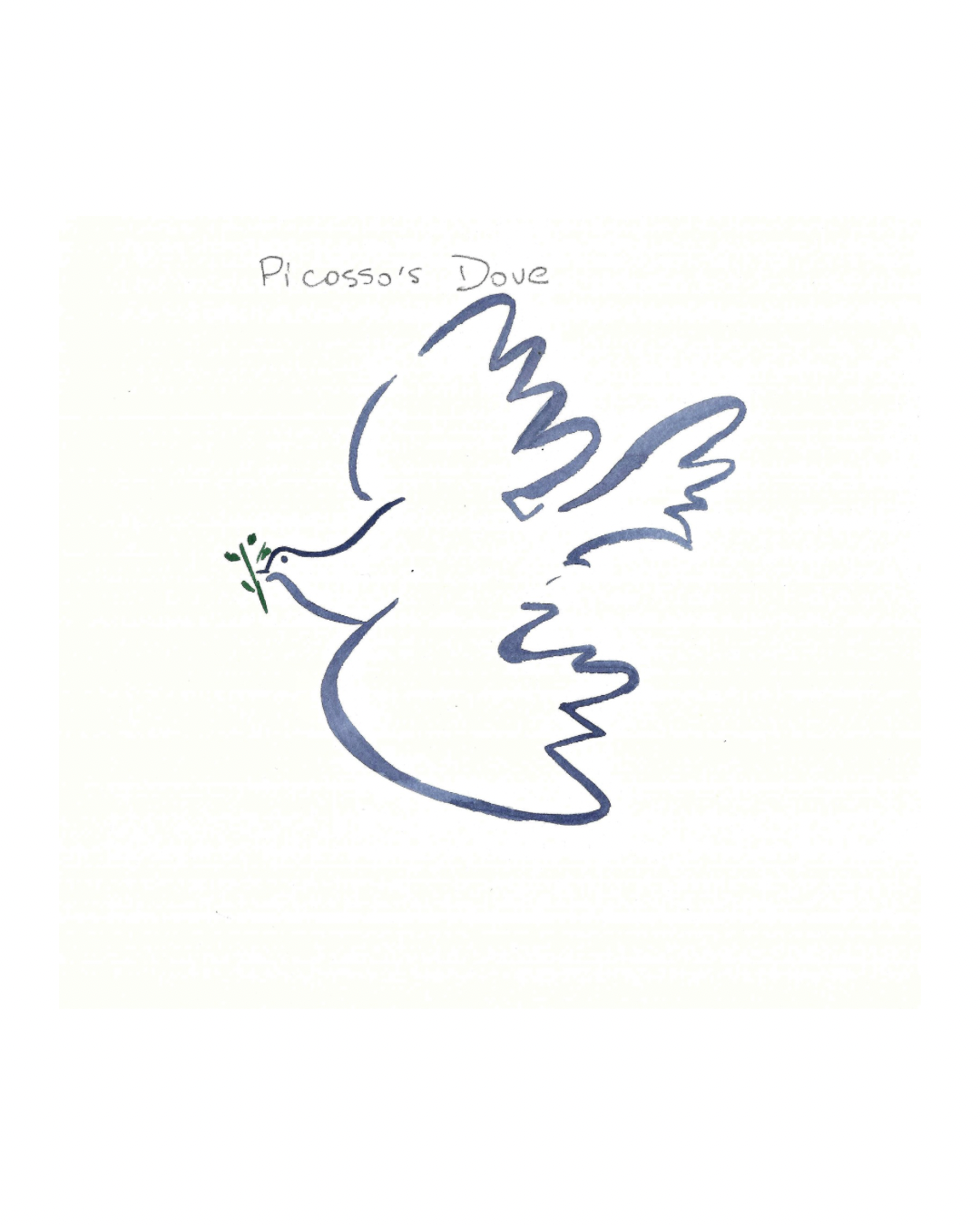 Line drawing of a dove holding an olive branch, with the text 'Picasso's Dove' above it.