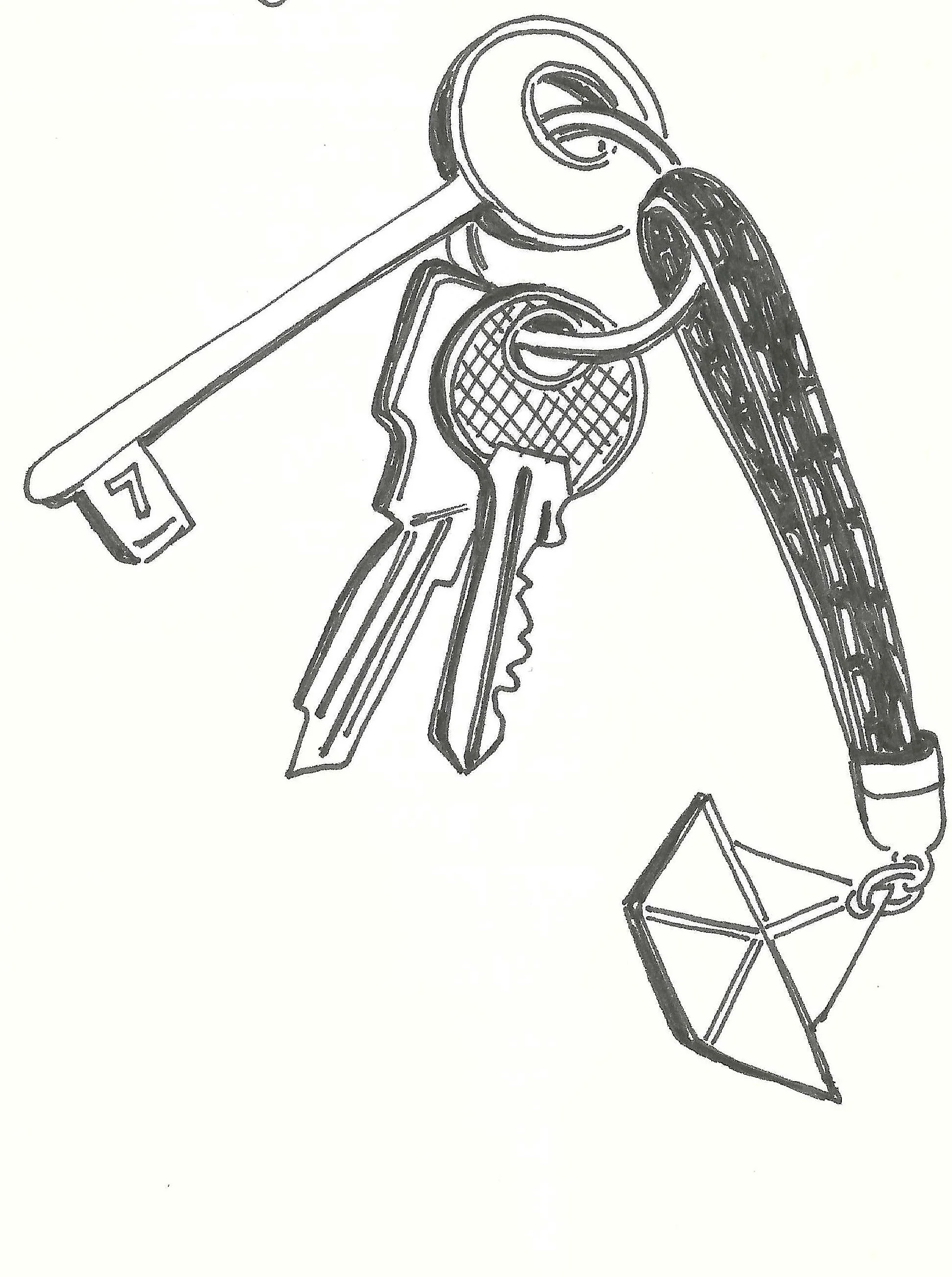 A set of keys attached to a keychain, with one key holding a small paper or card.