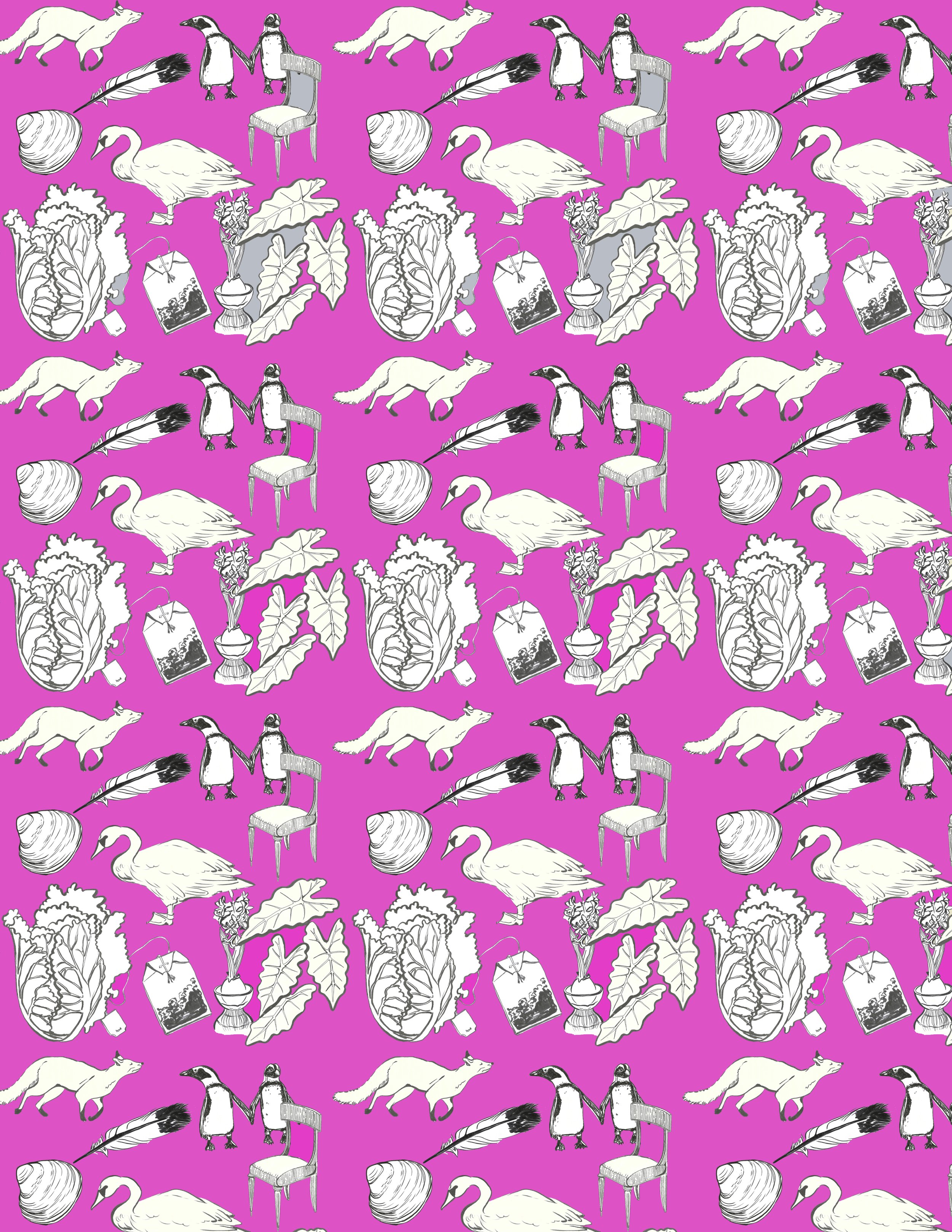 A seamless pattern with hand-drawn illustrations on a bright purple background. The pattern includes swans, foxes, penguins, chairs, shells, large leaves, vases with flowers, and tea bags.